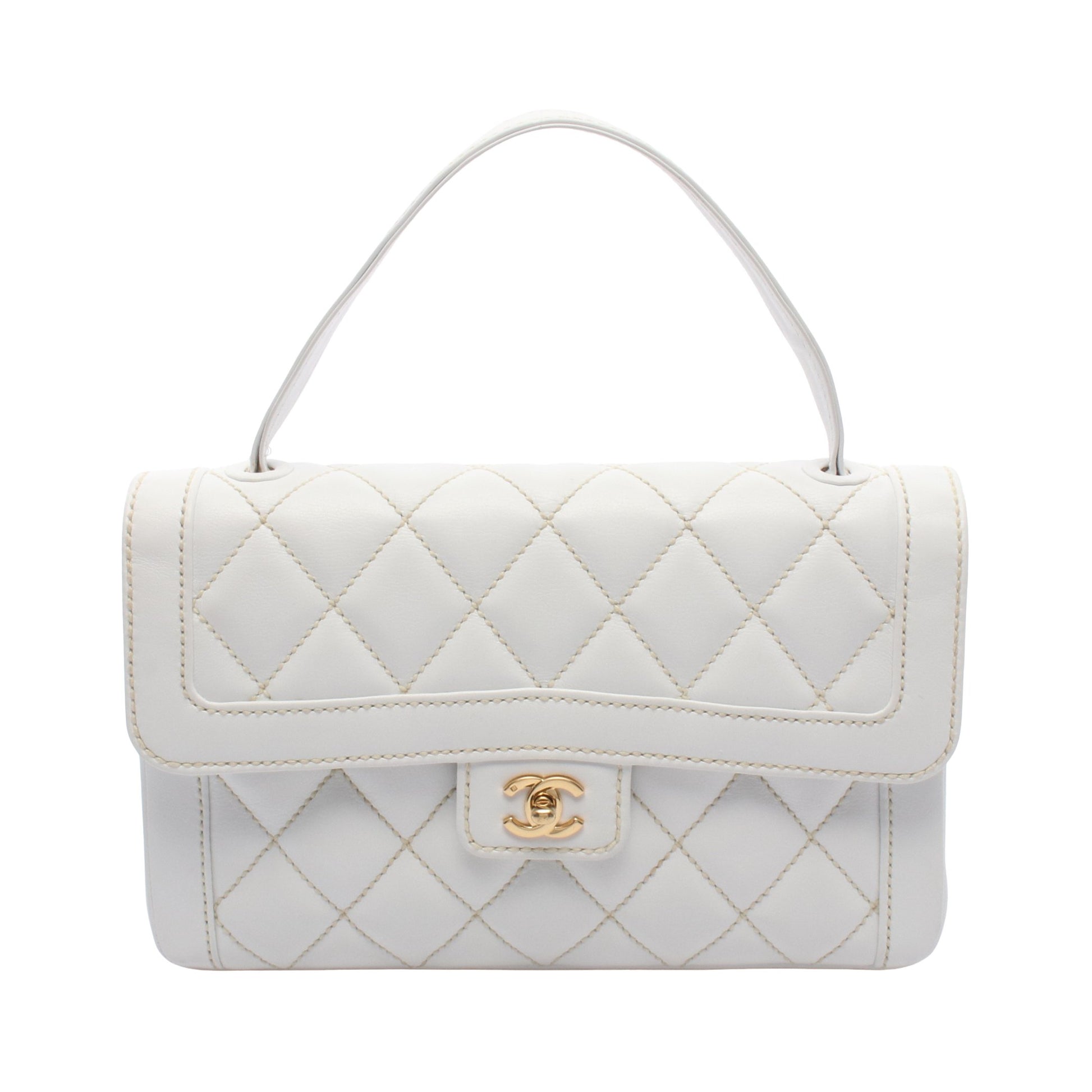 ワイルドステッチ トップハンドル ハンドバッグ レザー ホワイト ゴールド金具 シャネル バッグ CHANEL
