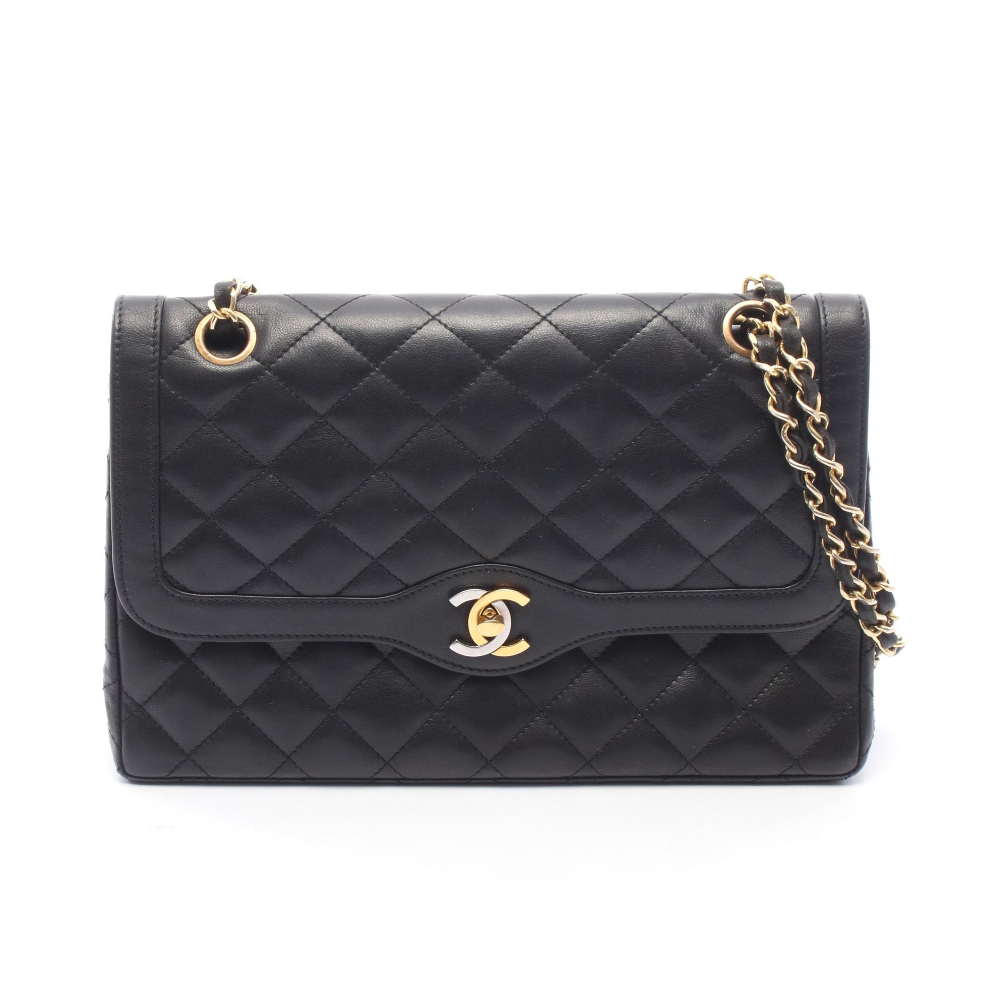 マトラッセ パリ限定 Wフラップ Wチェーンショルダーバッグ ラムスキン ブラック コンビ金具 シャネル バッグ CHANEL