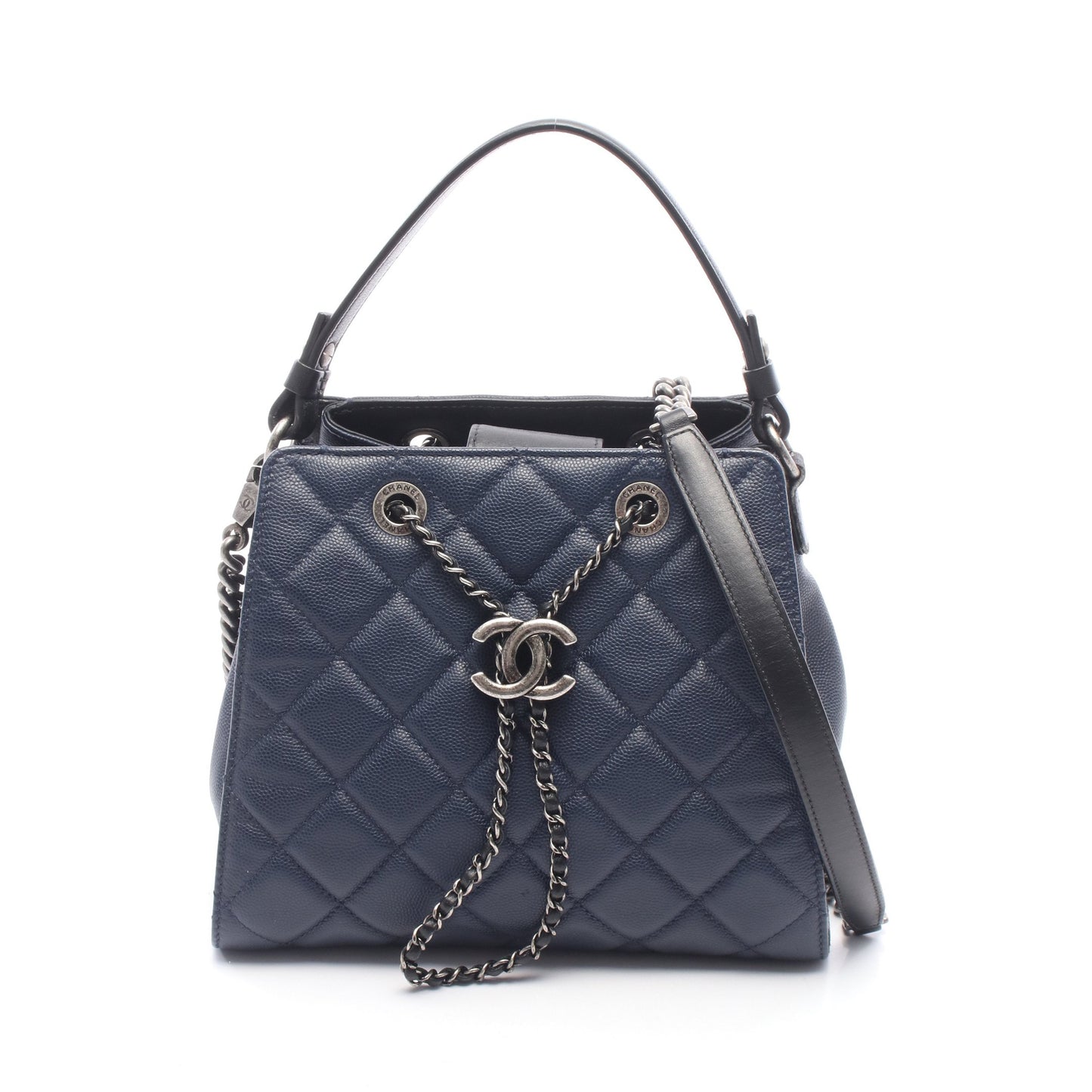 CCバケット マトラッセ 2WAY ハンドバッグ キャビアスキン レザー ネイビー ブラック シルバー金具 シャネル バッグ CHANEL
