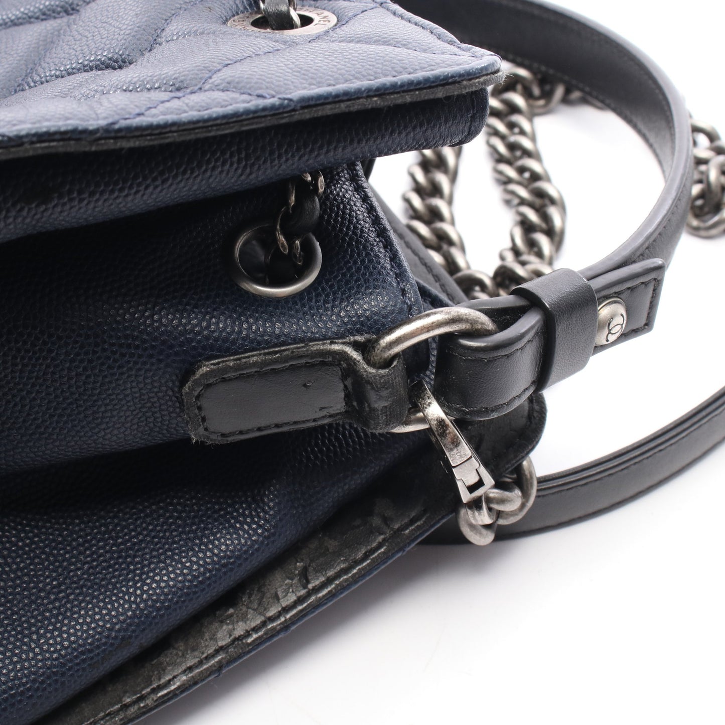 CCバケット マトラッセ 2WAY ハンドバッグ キャビアスキン レザー ネイビー ブラック シルバー金具 シャネル バッグ CHANEL