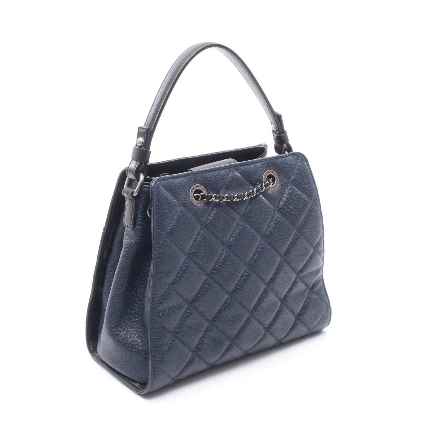 CCバケット マトラッセ 2WAY ハンドバッグ キャビアスキン レザー ネイビー ブラック シルバー金具 シャネル バッグ CHANEL