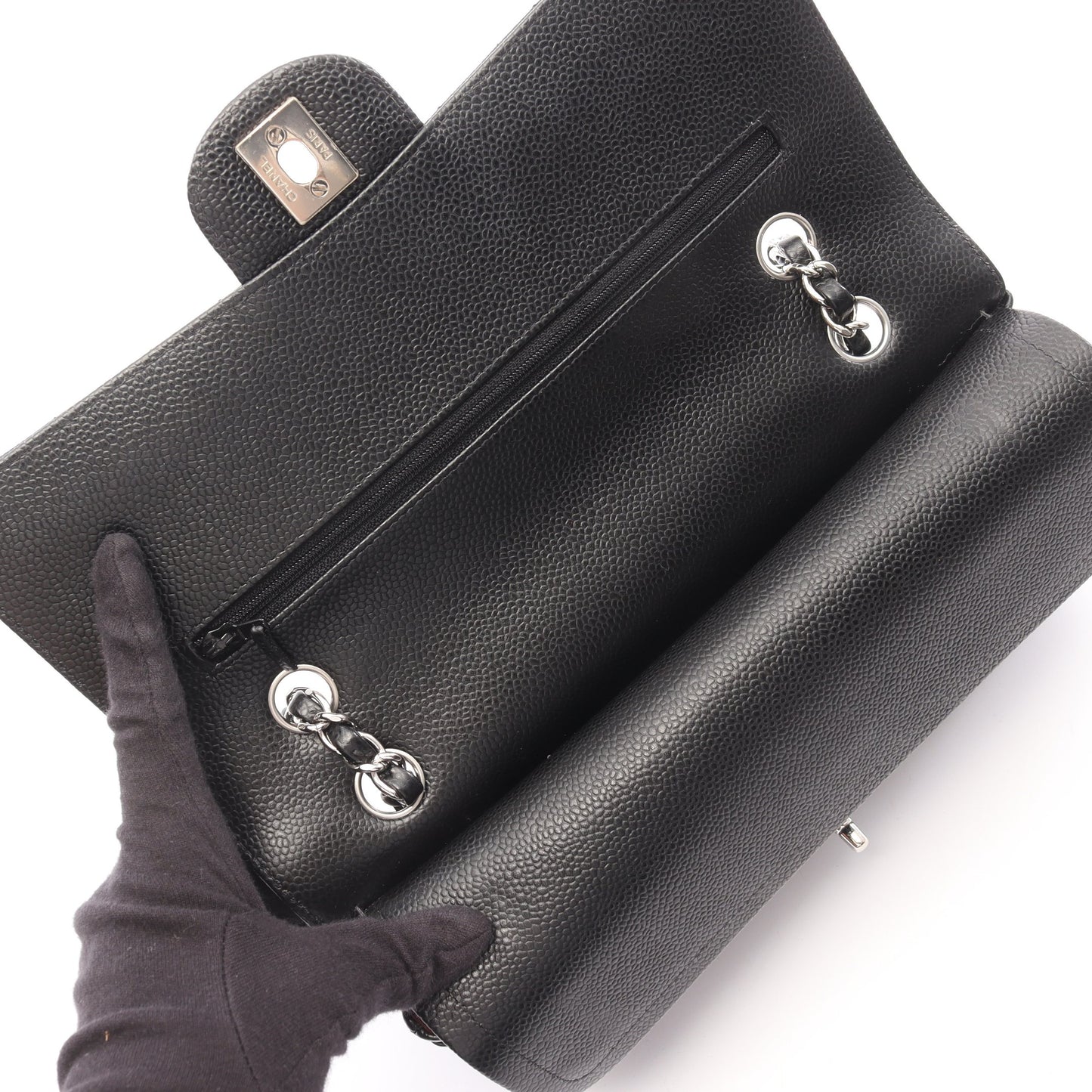 マトラッセ Wフラップ Wチェーンショルダーバッグ キャビアスキン ブラック シルバー金具 シャネル バッグ CHANEL