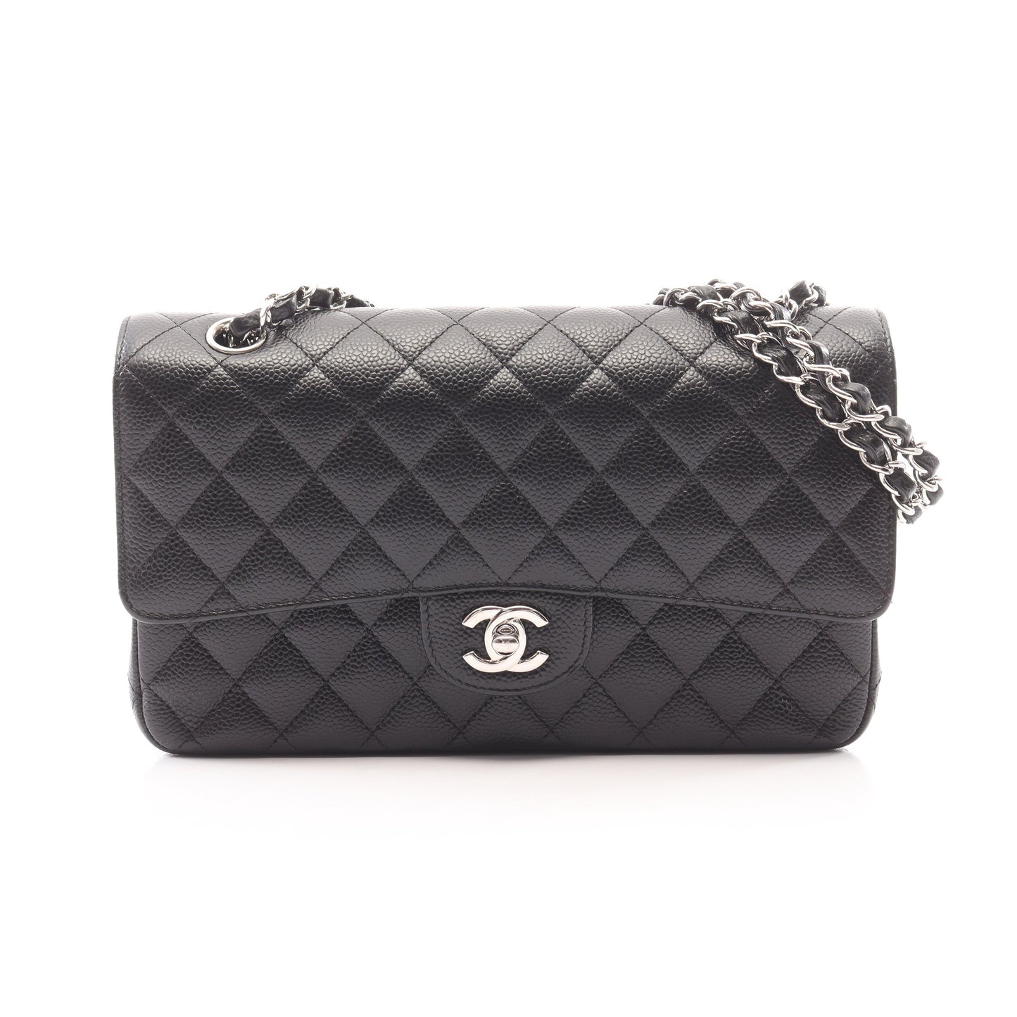 マトラッセ Wフラップ Wチェーンショルダーバッグ キャビアスキン ブラック シルバー金具 シャネル バッグ CHANEL