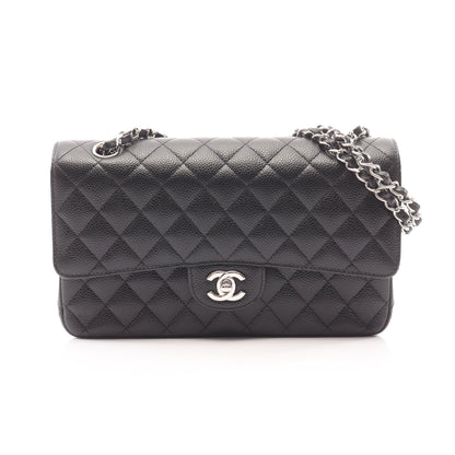 マトラッセ Wフラップ Wチェーンショルダーバッグ キャビアスキン ブラック シルバー金具 シャネル バッグ CHANEL