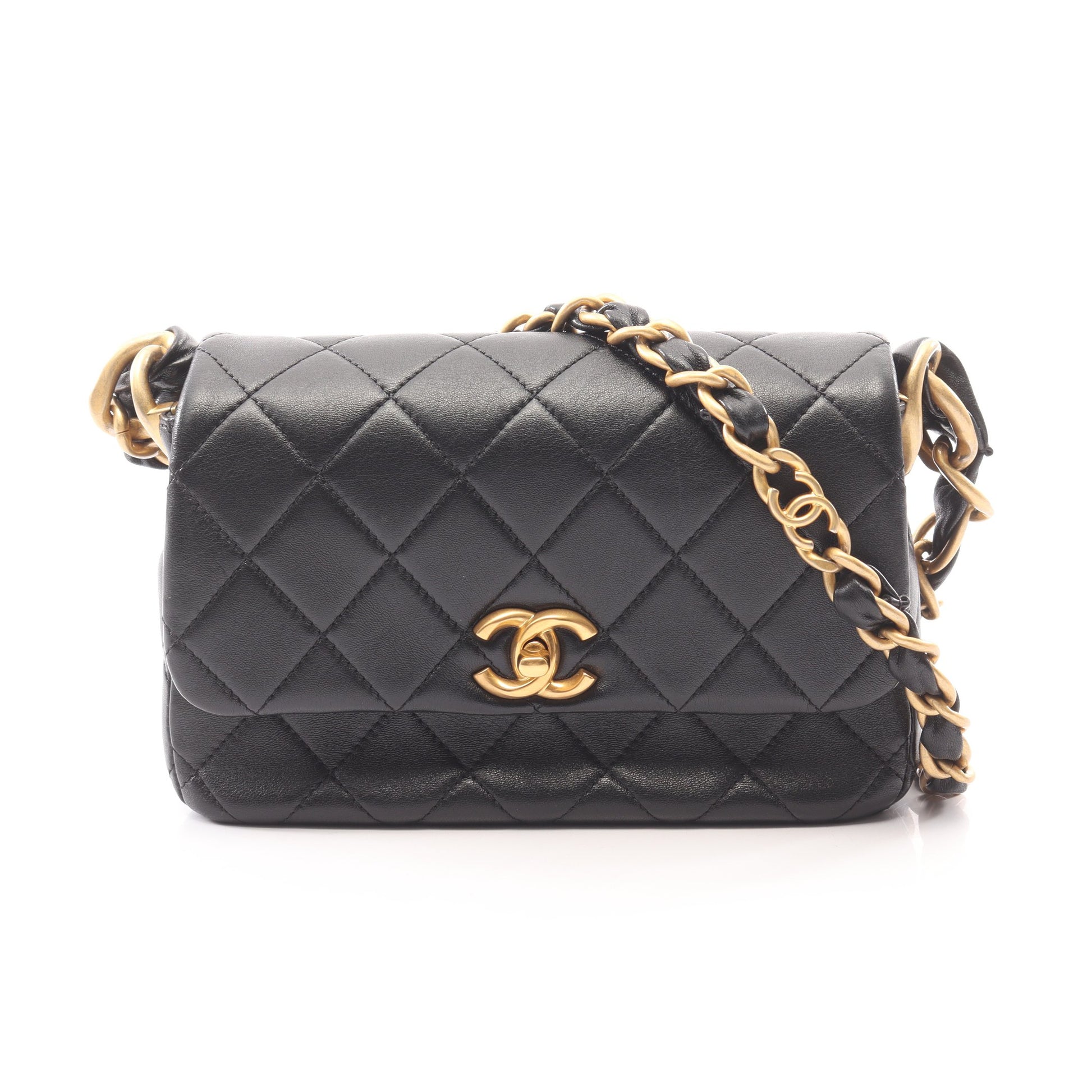 マトラッセ スモールフラップ チェーンショルダーバッグ ラムスキン ブラック ゴールド金具 シャネル バッグ CHANEL