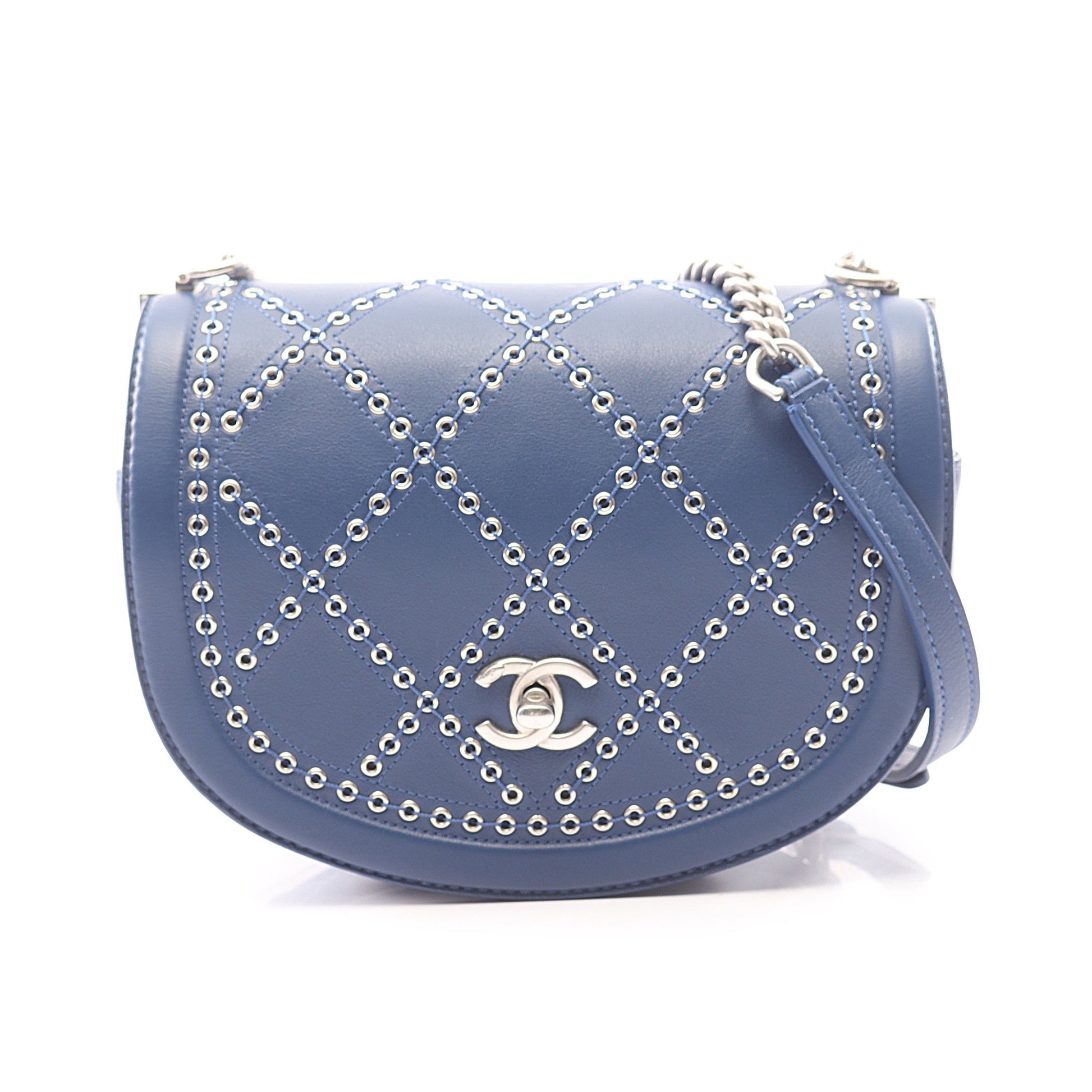 マトラッセ ココアイレット ラウンドミニ チェーンショルダーバッグ レザー ブルー シルバー金具 シャネル バッグ CHANEL