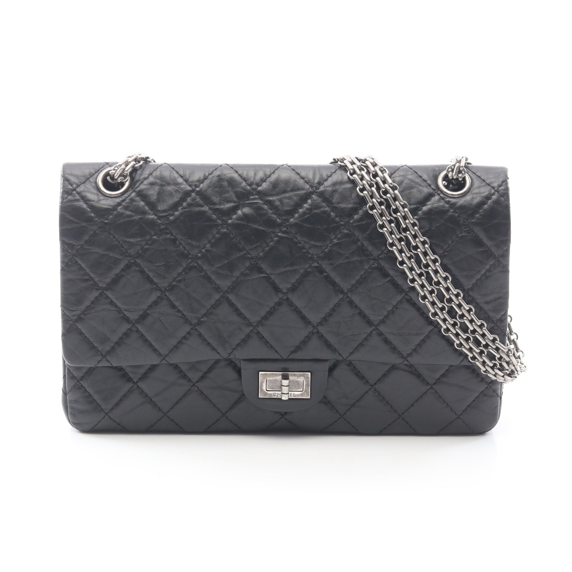2.55 マトラッセ Wフラップ Wチェーンショルダーバッグ レザー ブラック アンティークシルバー金具 シャネル バッグ CHANEL