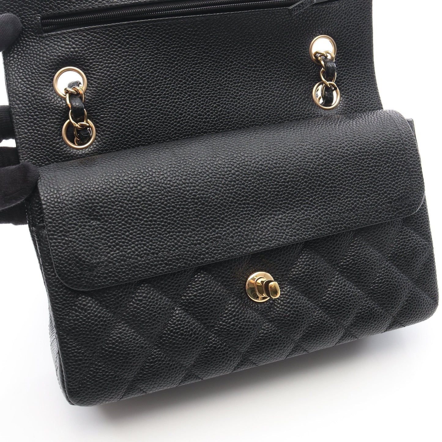 マトラッセ Wフラップ Wチェーンショルダーバッグ キャビアスキン ブラック ゴールド金具 シャネル バッグ CHANEL