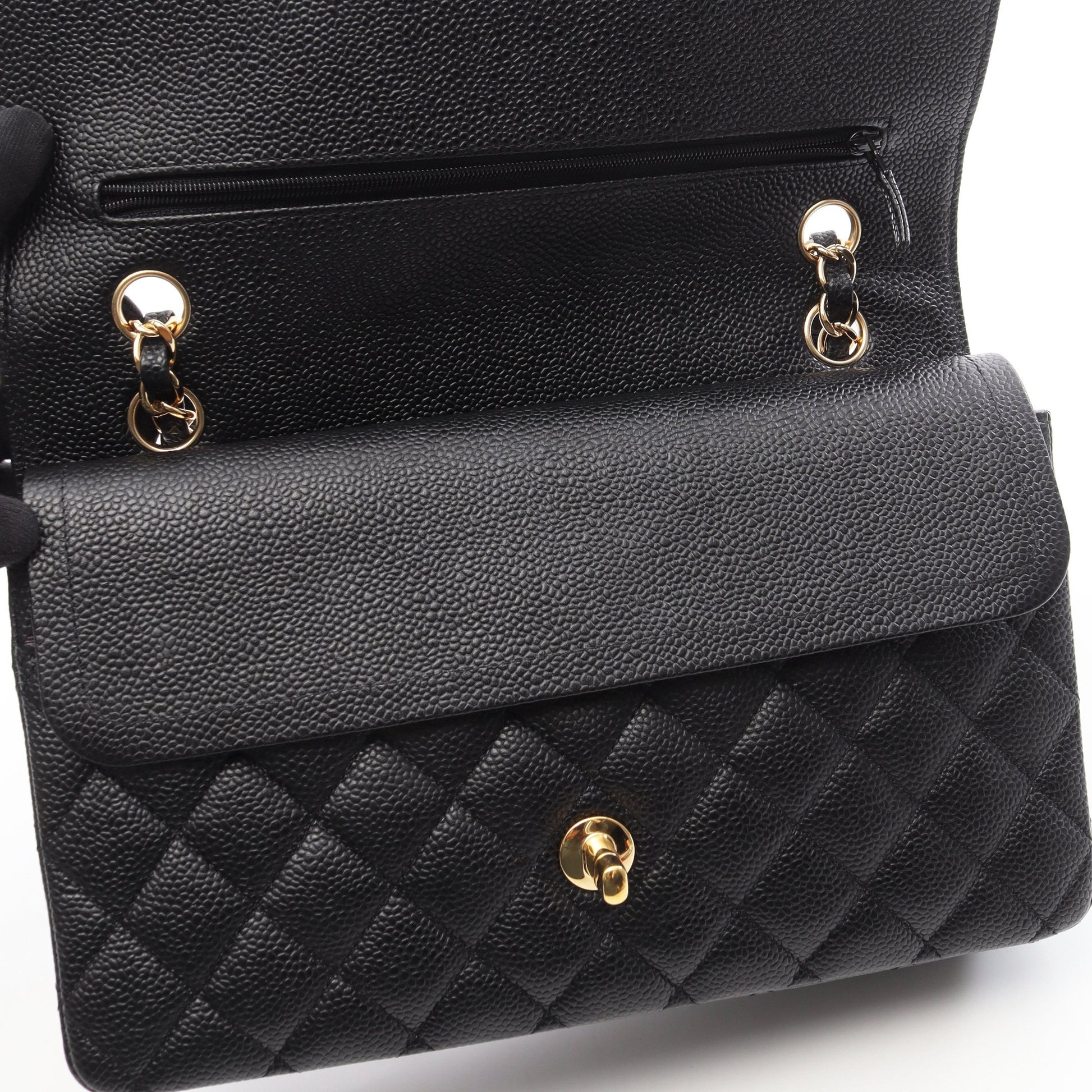マトラッセ Wフラップ Wチェーンショルダーバッグ キャビアスキン ブラック ゴールド金具 シャネル バッグ CHANEL