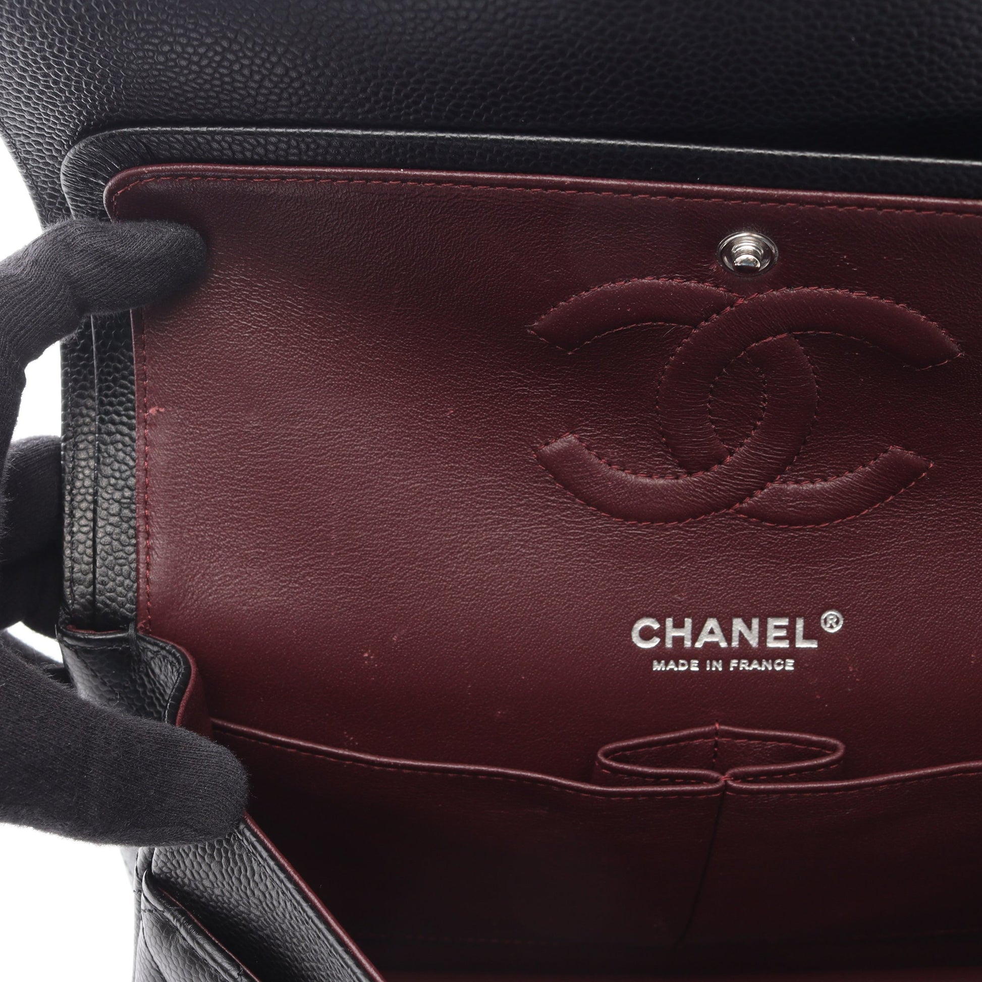 マトラッセ Wフラップ Wチェーンショルダーバッグ キャビアスキン ブラック シルバー金具 シャネル バッグ CHANEL