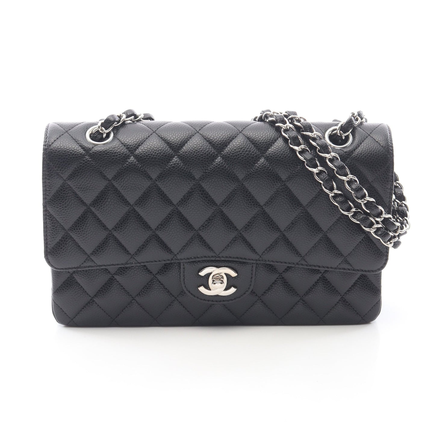 マトラッセ Wフラップ Wチェーンショルダーバッグ キャビアスキン ブラック シルバー金具 シャネル バッグ CHANEL