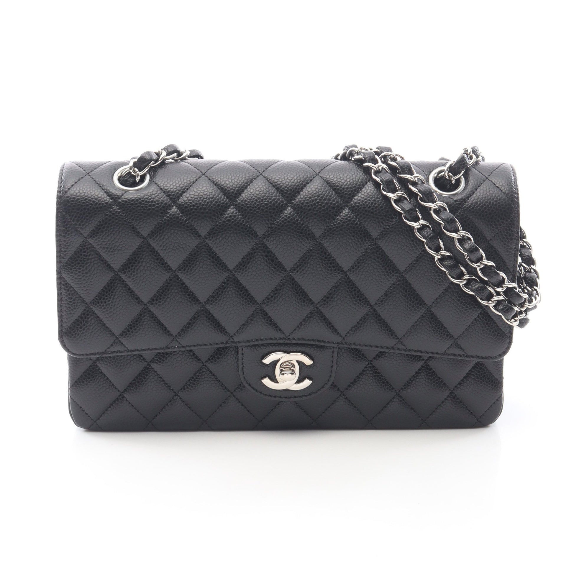 マトラッセ Wフラップ Wチェーンショルダーバッグ キャビアスキン ブラック シルバー金具 シャネル バッグ CHANEL
