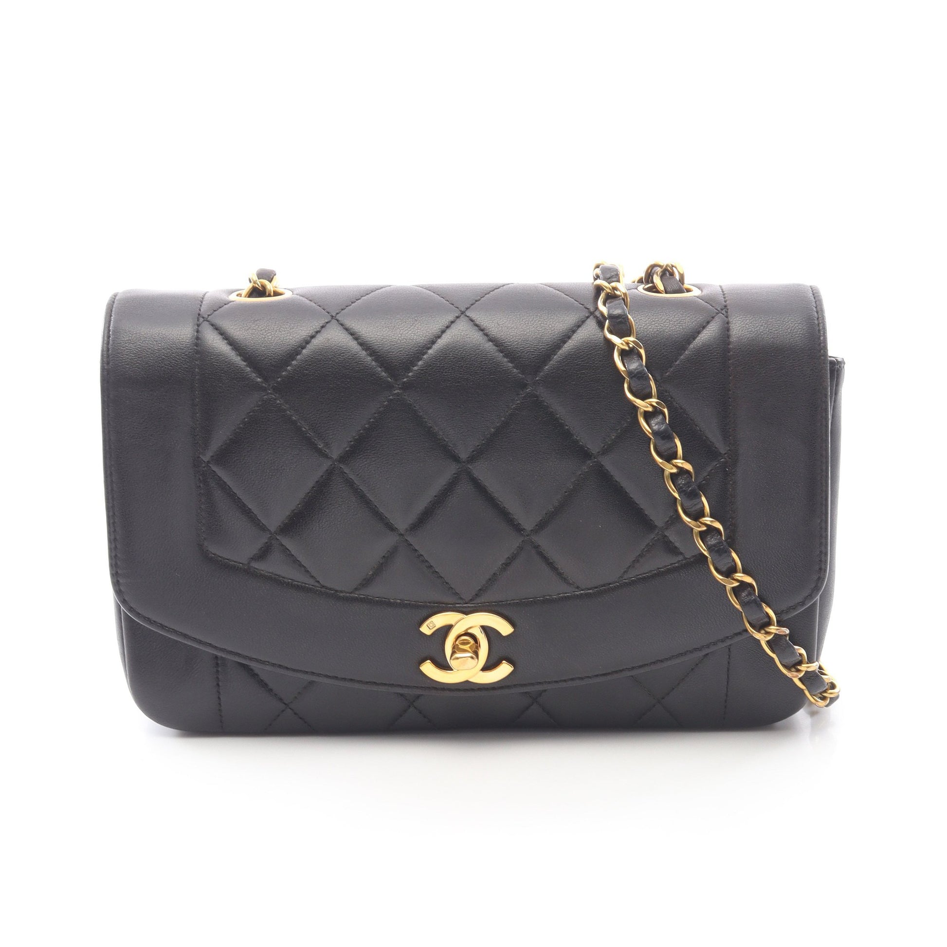 マトラッセ ダイアナフラップ チェーンショルダーバッグ ラムスキン ブラック ゴールド金具 シャネル バッグ CHANEL