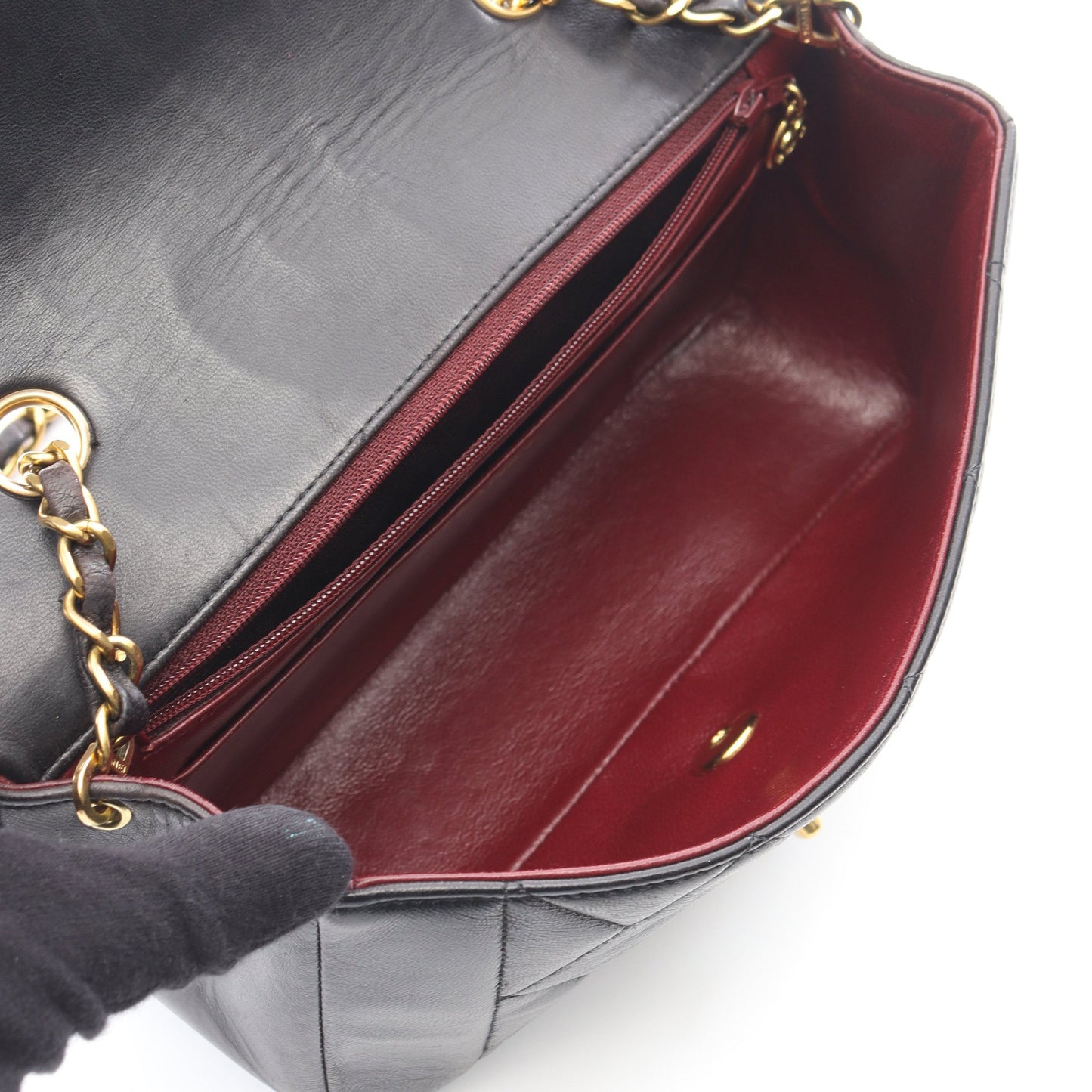 マトラッセ ダイアナフラップ チェーンショルダーバッグ ラムスキン ブラック ゴールド金具 シャネル バッグ CHANEL