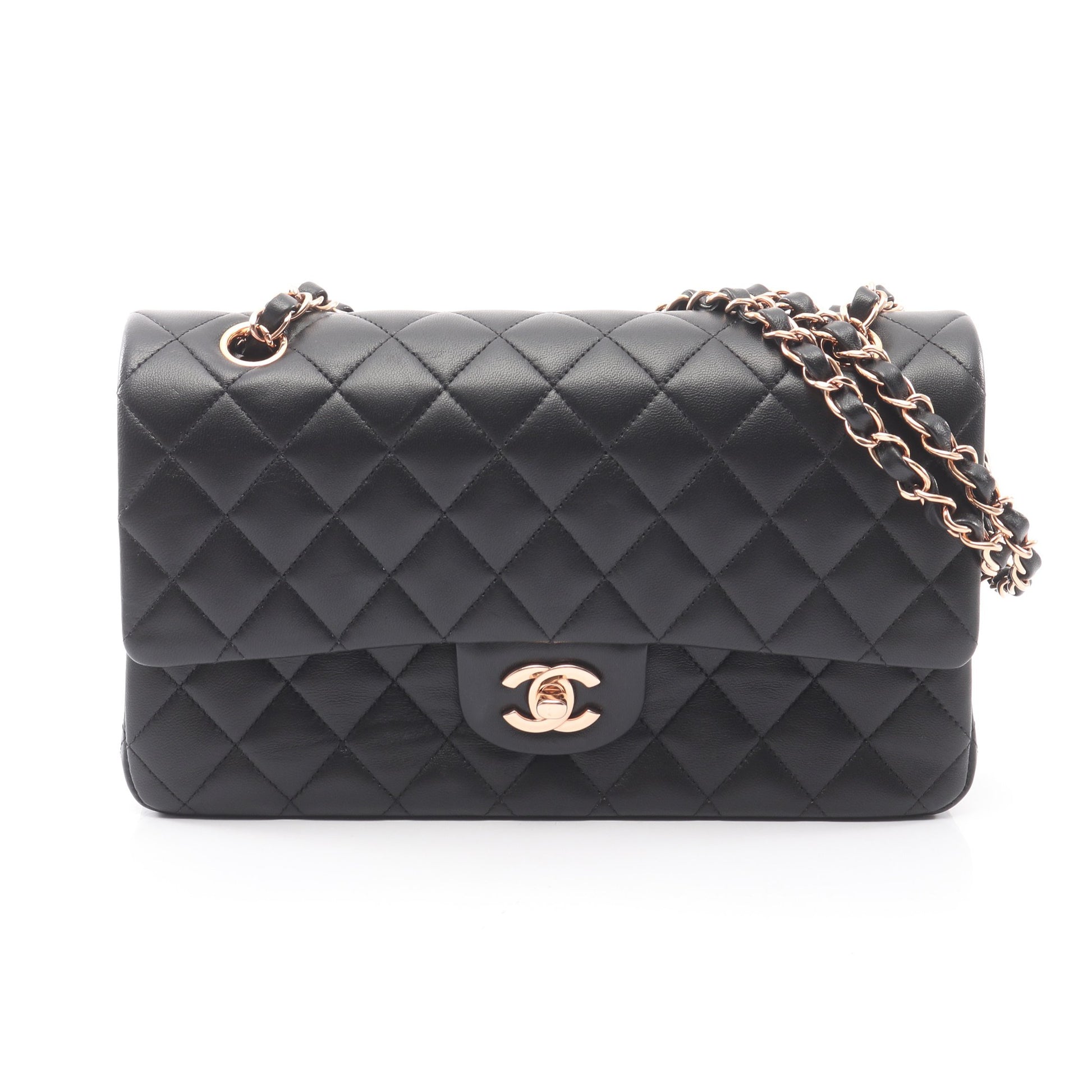 マトラッセ Wフラップ ピンクゴールド金具 Wチェーンショルダーバッグ ラムスキン ブラック シャネル バッグ CHANEL
