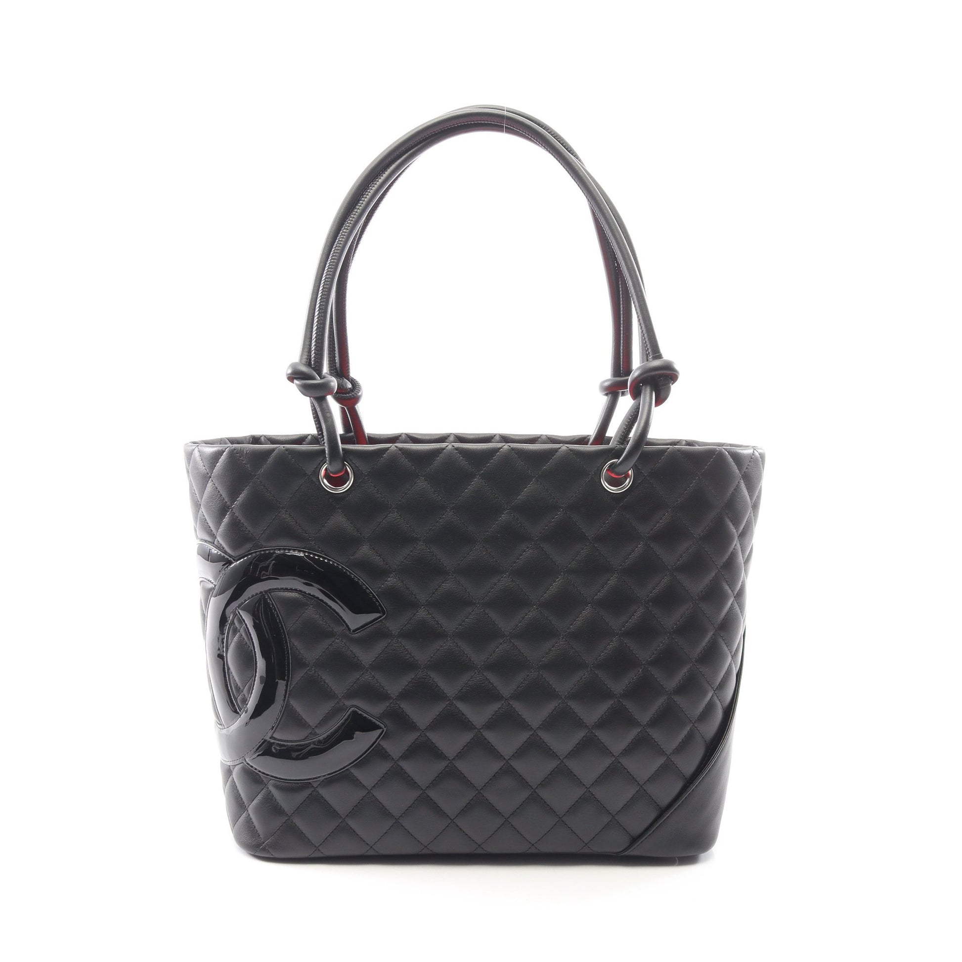 カンボンライン ラージ ショルダーバッグ トートバッグ レザー エナメルレザー ブラック シルバー金具 シャネル バッグ CHANEL