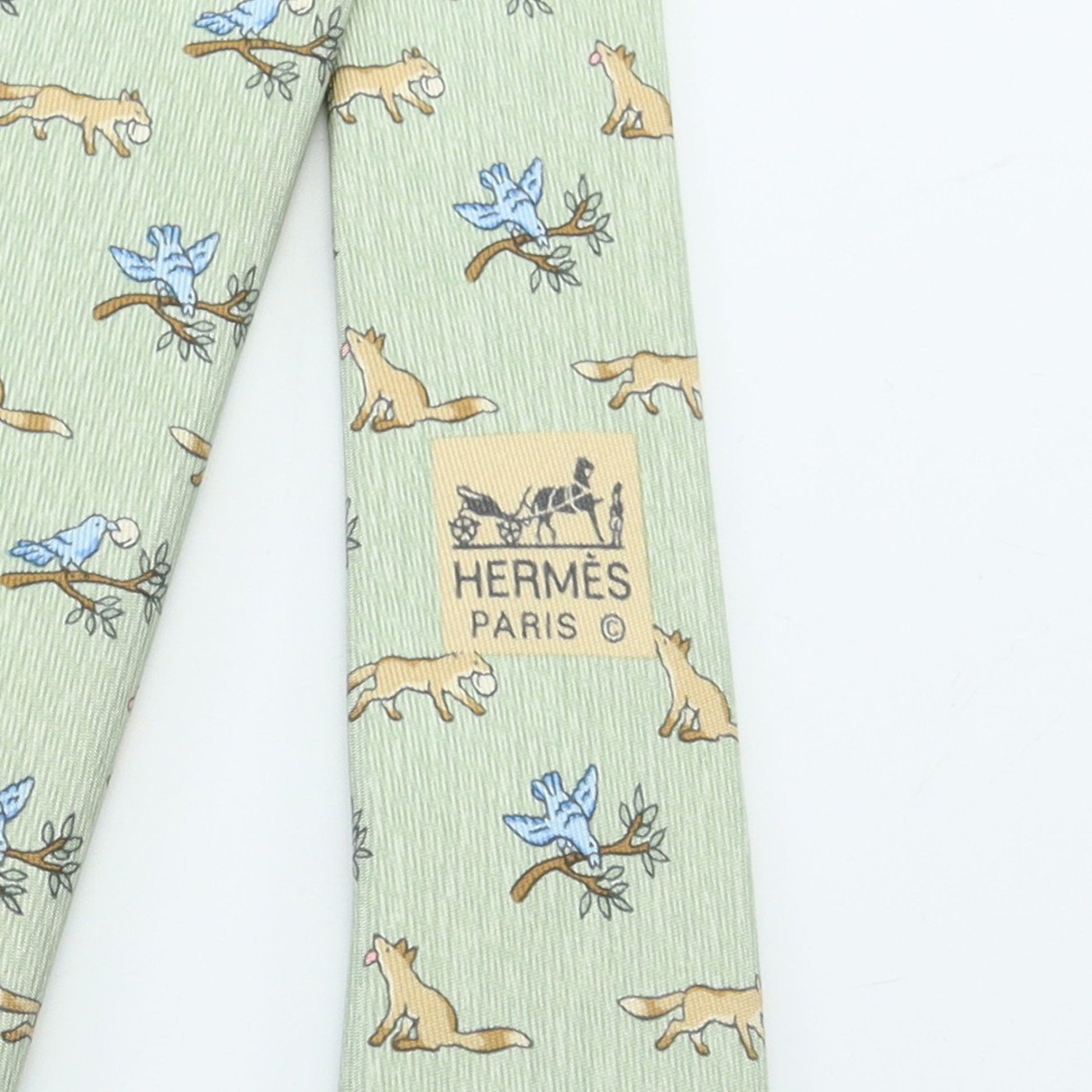 NECKTIE キツネ 鳥 アニマル ネクタイ シルク ライトグリーン マルチカラー エルメス 財布・小物 HERMES