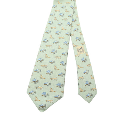 NECKTIE キツネ 鳥 アニマル ネクタイ シルク ライトグリーン マルチカラー エルメス 財布・小物 HERMES