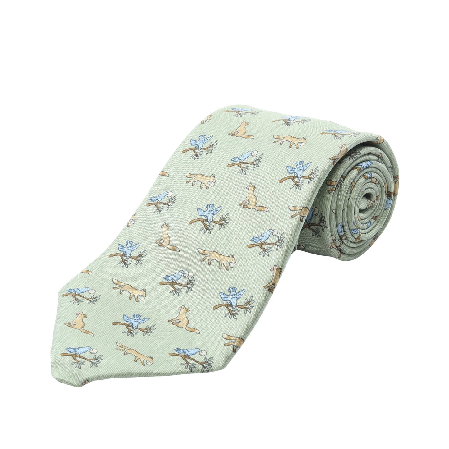 NECKTIE キツネ 鳥 アニマル ネクタイ シルク ライトグリーン マルチカラー エルメス 財布・小物 HERMES