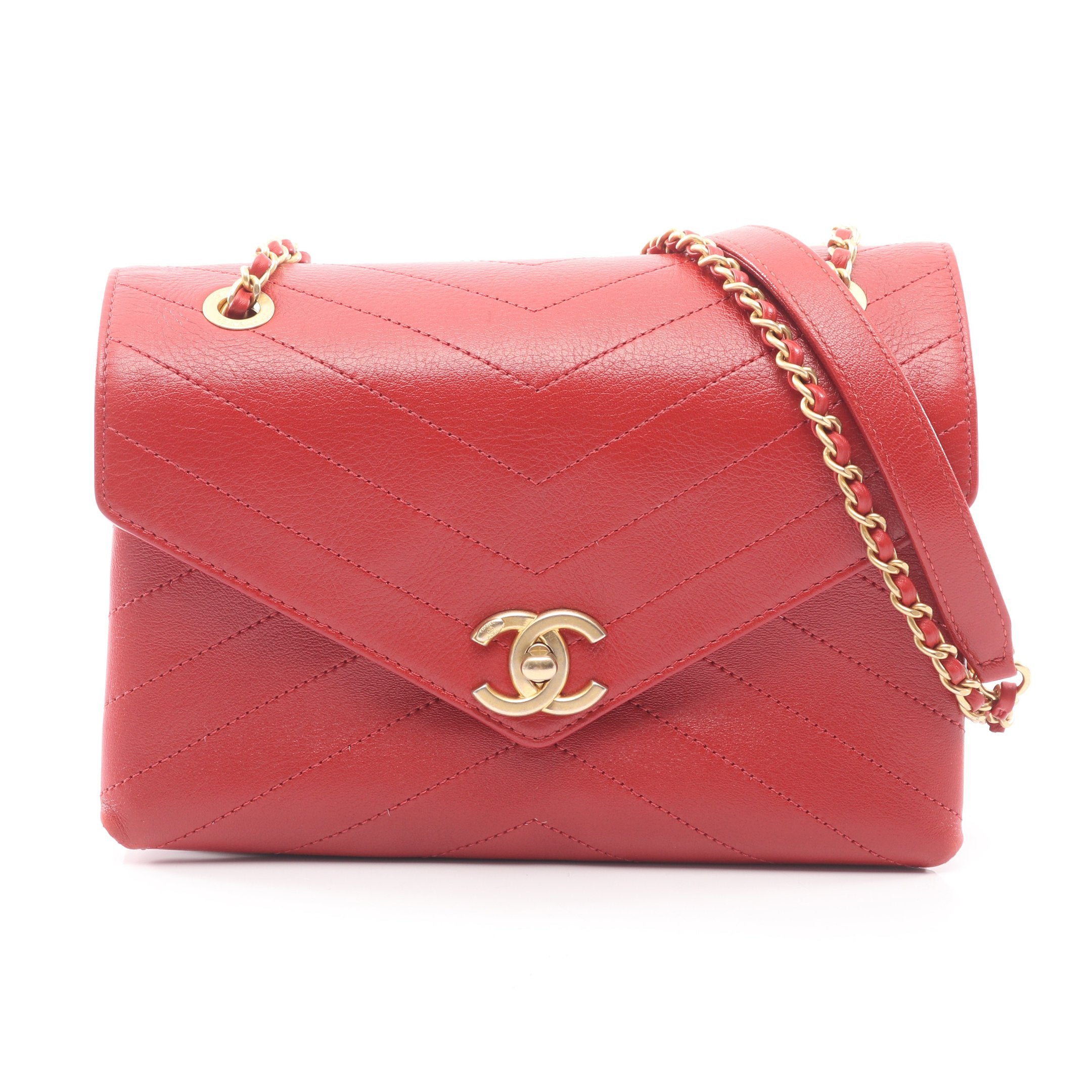 CHANEL/Vステッチ チェーンショルダー/レザー/赤/282*****/SAランク/69【中古】 CHANEL/Vステッチ チェーンショルダー/レザー/赤/282*****/SAランク/69