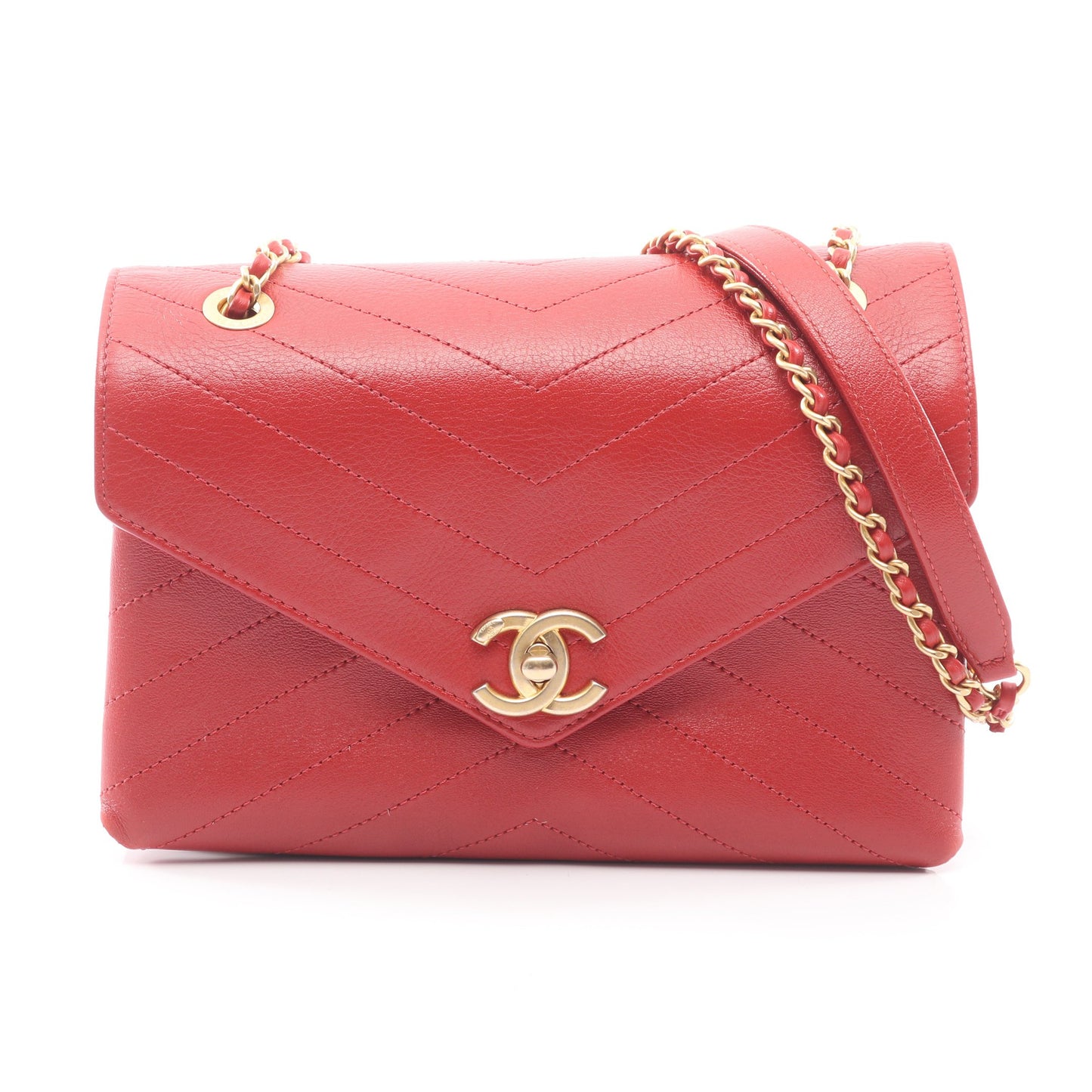 シェブロン Vステッチ チェーンショルダーバッグ レザー レッド ゴールド金具 シャネル バッグ CHANEL