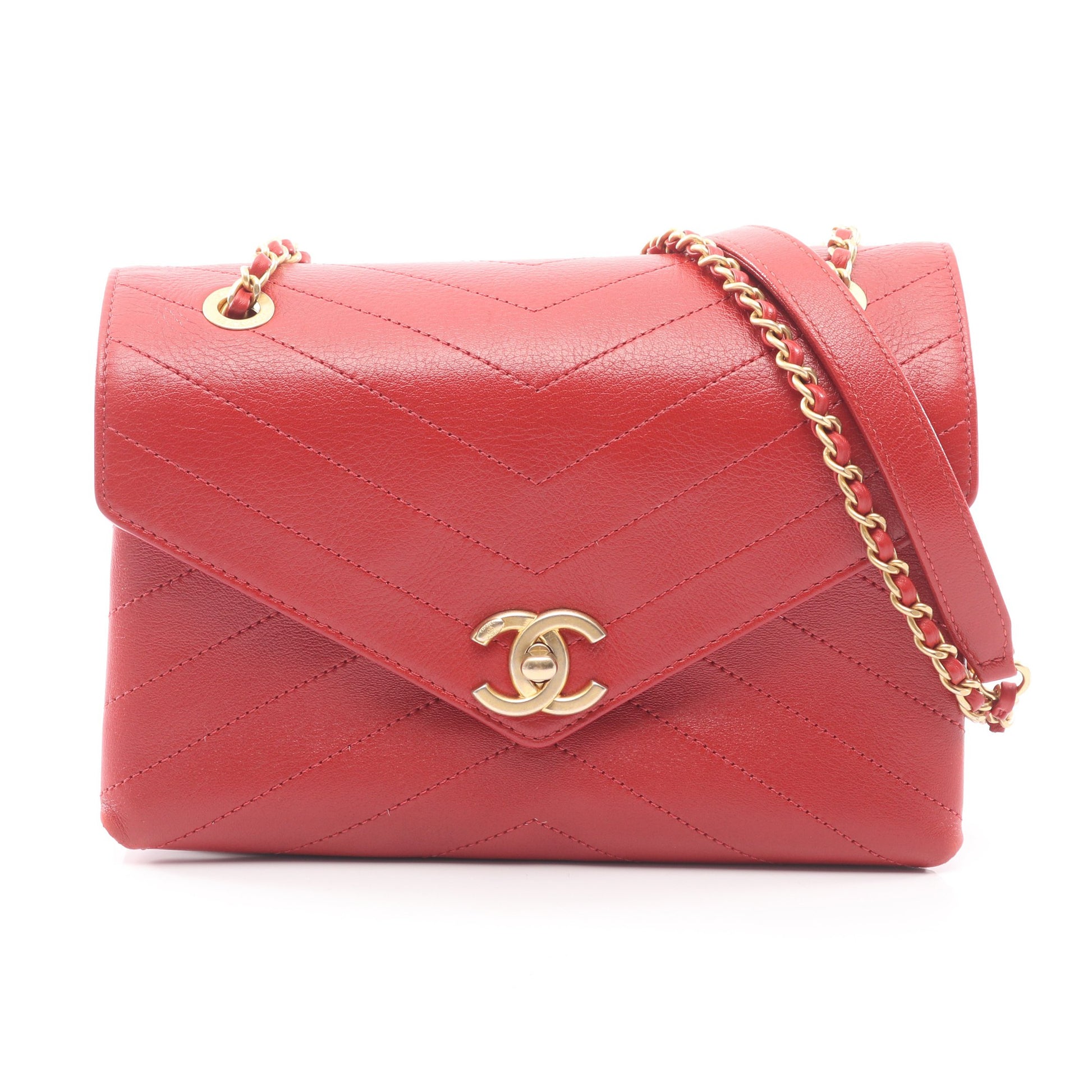 シェブロン Vステッチ チェーンショルダーバッグ レザー レッド ゴールド金具 シャネル バッグ CHANEL
