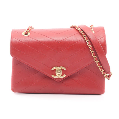 シェブロン Vステッチ チェーンショルダーバッグ レザー レッド ゴールド金具 シャネル バッグ CHANEL