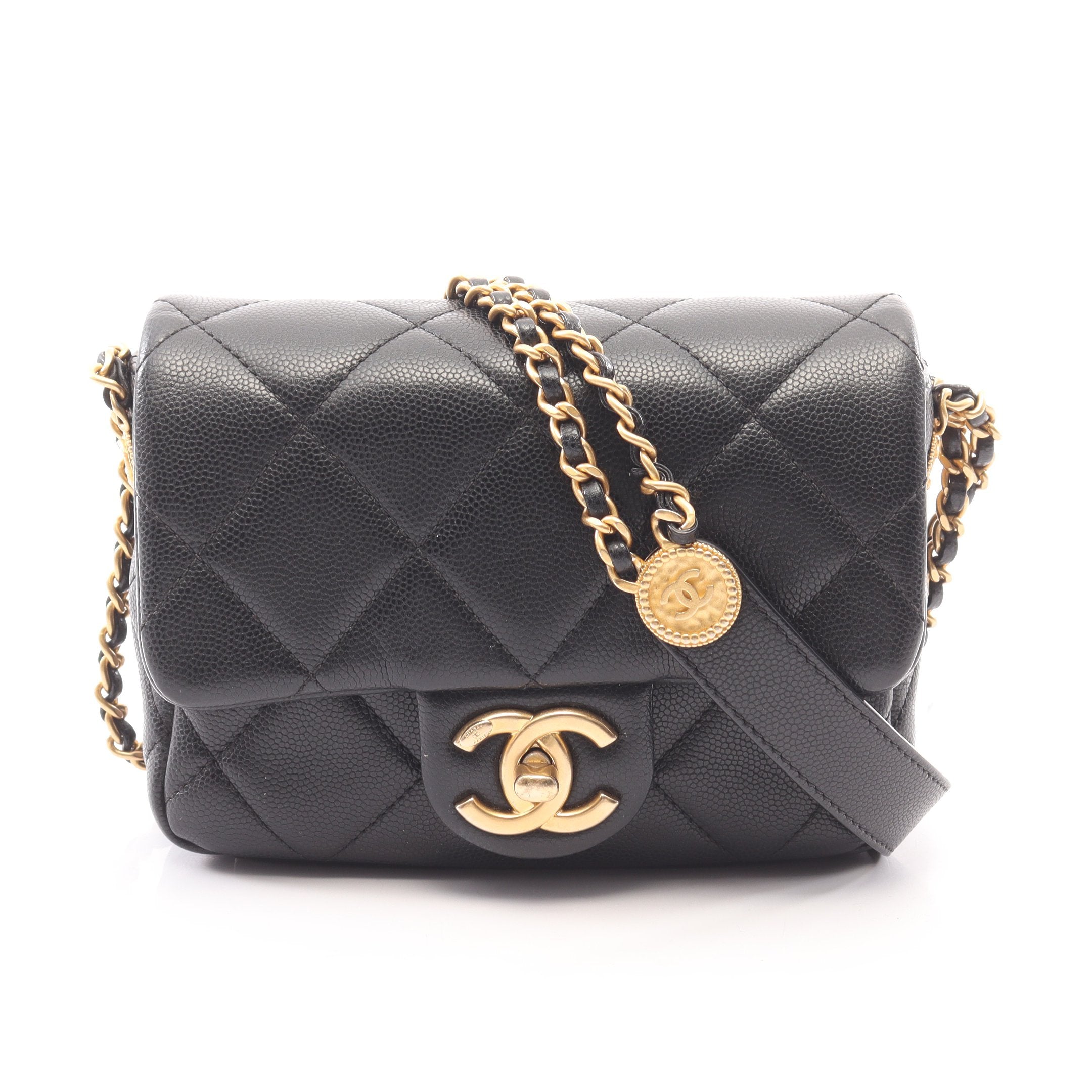 美品 CHANEL シャネル ショルダーバッグ マトラッセ フォンホルダー AP3307 ブラック ゴールド金具 キャビアスキン レディース リボンチェーン ポシェット キルティング【本物保証】 マトラッセ 美品 シャネル ショルダーバッグ フォンホルダー AP3307