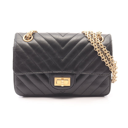 2.55 2.55 シェブロン Vステッチ Wチェーンショルダーバッグ レザー ブラック ゴールド金具 シャネル バッグ CHANEL