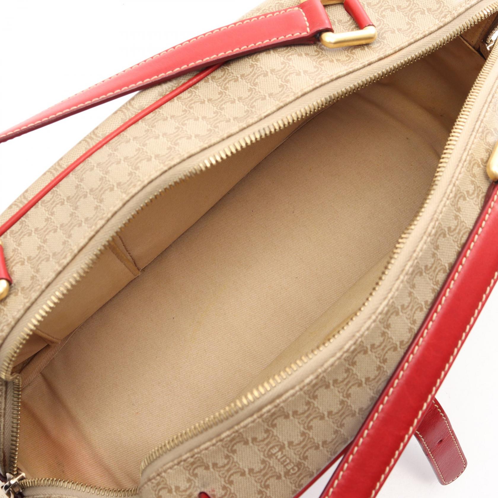 マカダム ハンドバッグ PVC レザー ベージュ レッド セリーヌ バッグ CELINE