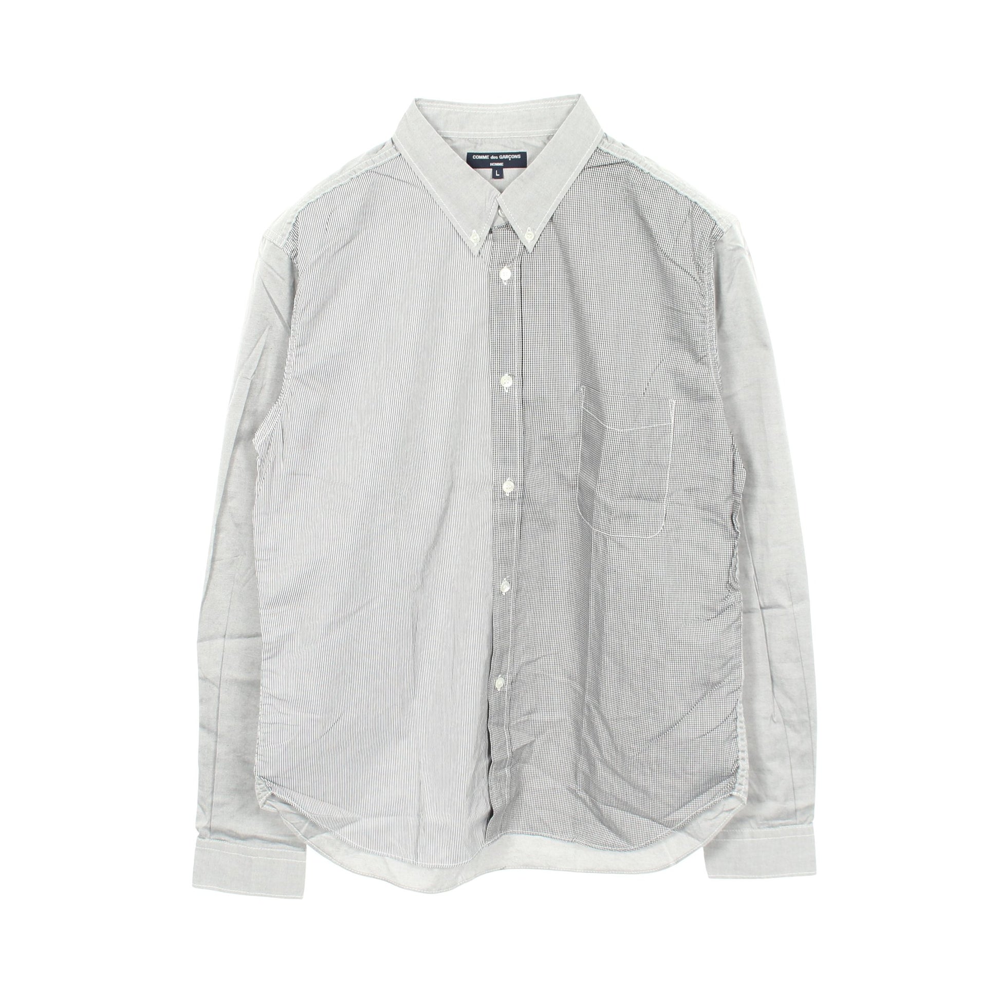 チェックストライプ切替 長袖 ボタンダウン シャツ コットン グレー コムデギャルソンオム トップス COMME des GARCONS HOMME