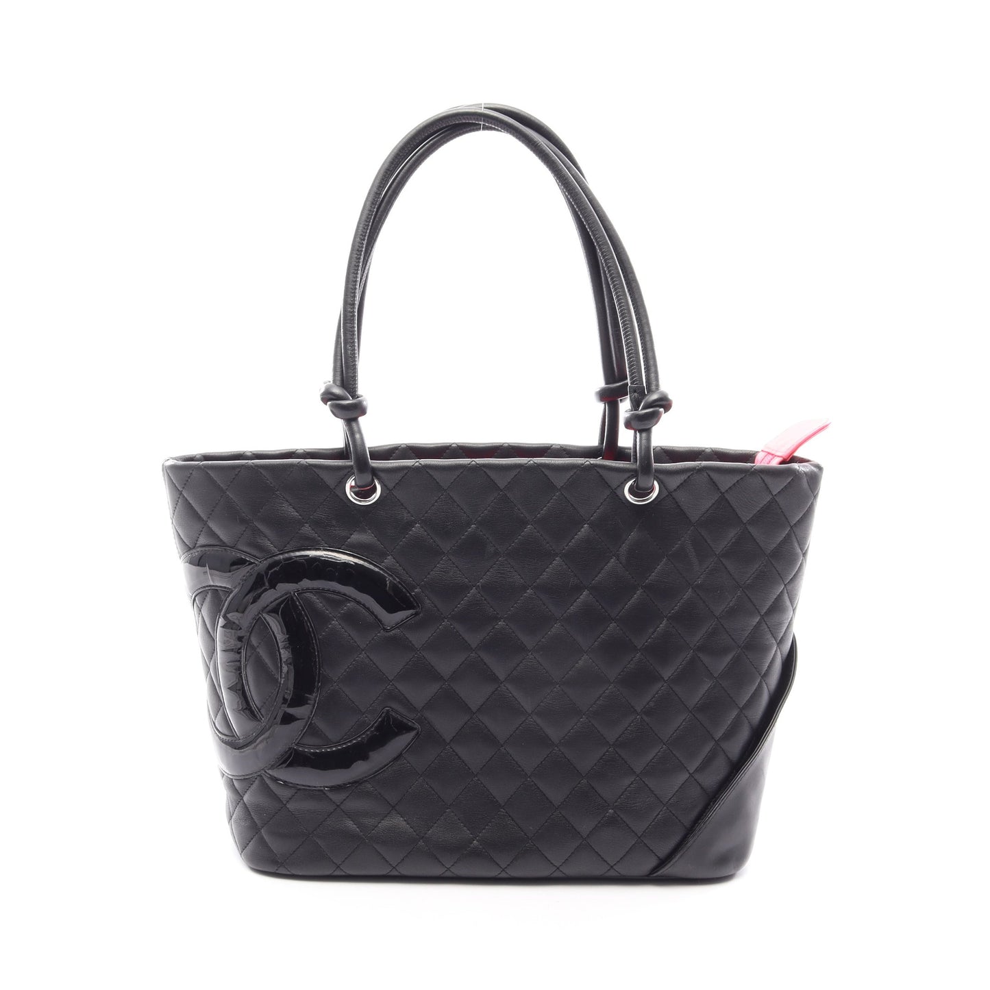 カンボンライン ラージ ショルダーバッグ トートバッグ レザー エナメルレザー ブラック シルバー金具 シャネル バッグ CHANEL