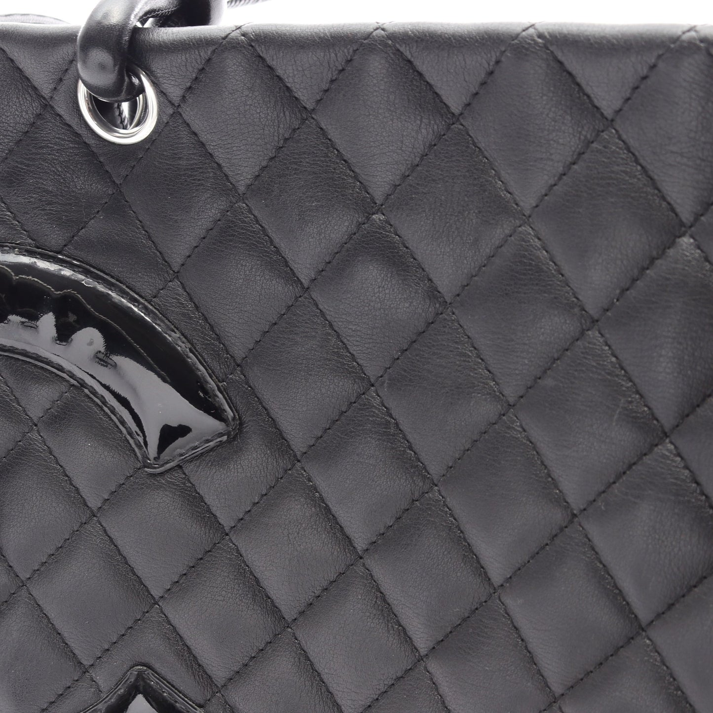 カンボンライン ラージ ショルダーバッグ トートバッグ レザー エナメルレザー ブラック シルバー金具 シャネル バッグ CHANEL
