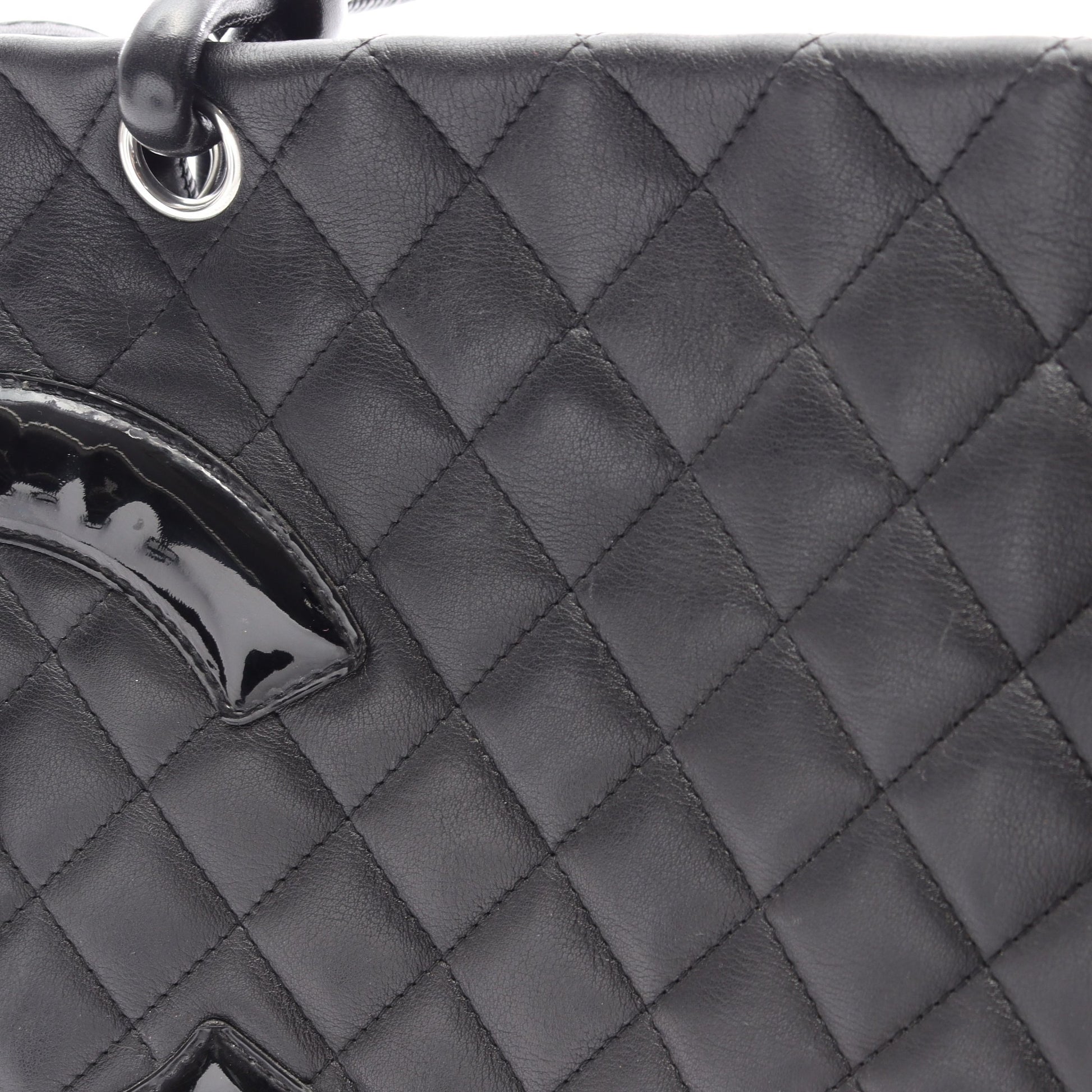 カンボンライン ラージ ショルダーバッグ トートバッグ レザー エナメルレザー ブラック シルバー金具 シャネル バッグ CHANEL