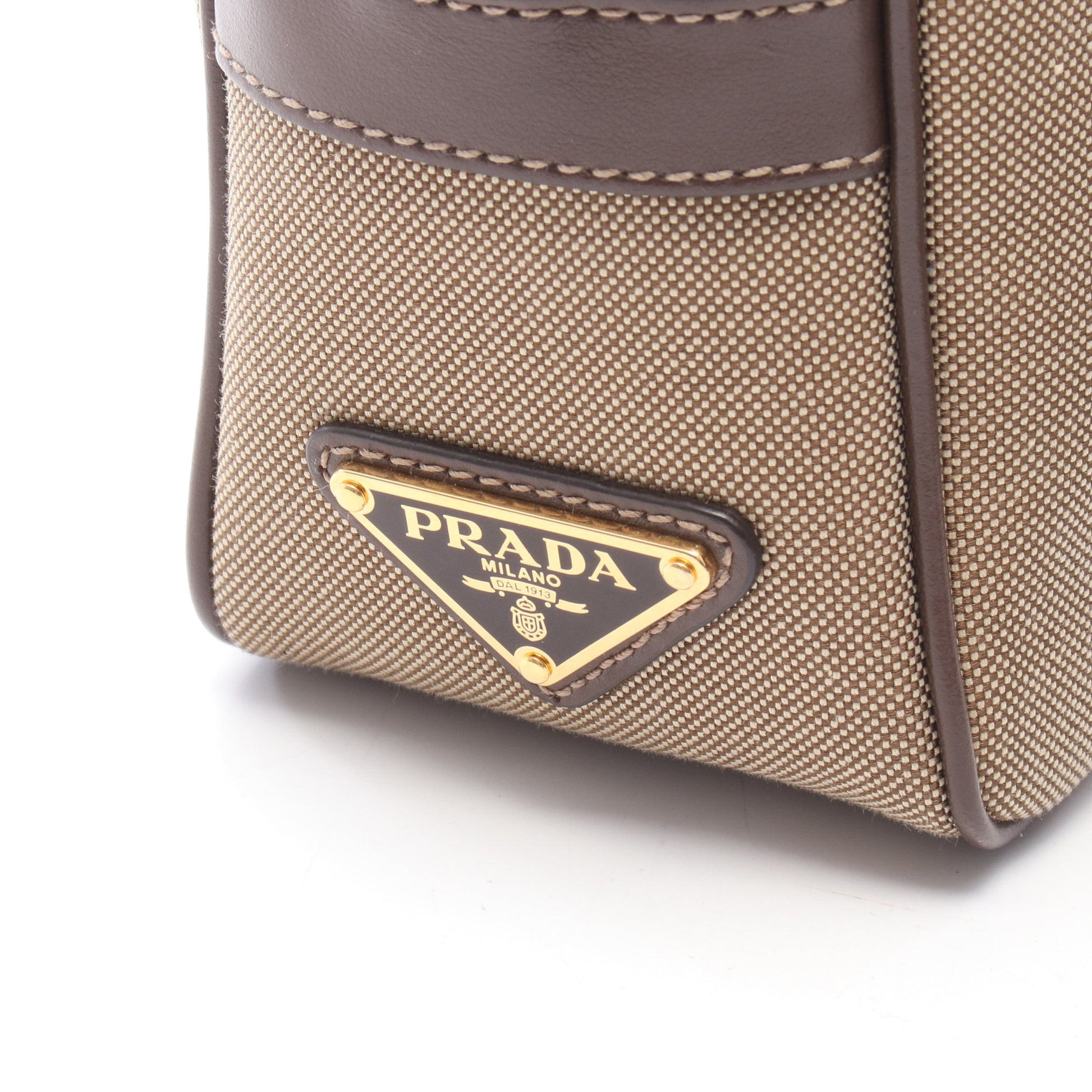 LOGO JACQUARD ショルダーバッグ キャンバス レザー グレーブラウン ダークブラウン プラダ バッグ PRADA
