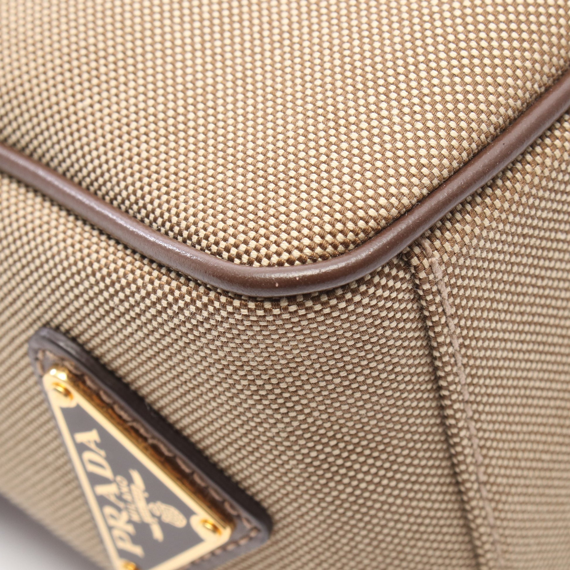 LOGO JACQUARD ショルダーバッグ キャンバス レザー グレーブラウン ダークブラウン プラダ バッグ PRADA