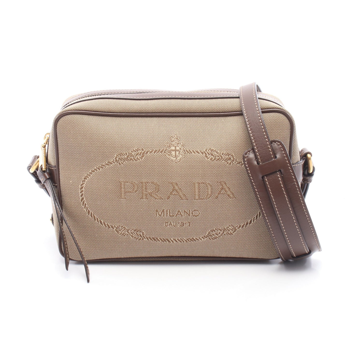 LOGO JACQUARD ショルダーバッグ キャンバス レザー グレーブラウン ダークブラウン プラダ バッグ PRADA