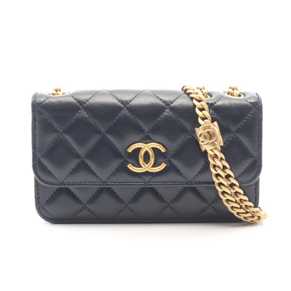 マトラッセ フォン ポーチ チェーンショルダーバッグ ラムスキン ネイビー ゴールド金具 シャネル バッグ CHANEL