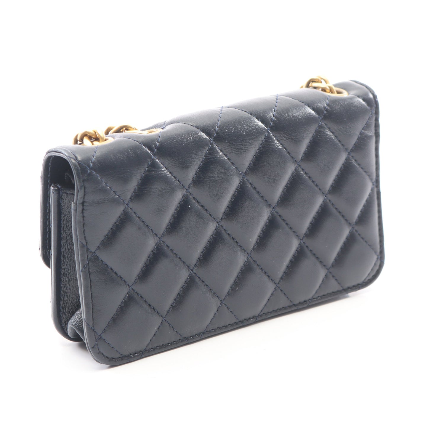 マトラッセ フォン ポーチ チェーンショルダーバッグ ラムスキン ネイビー ゴールド金具 シャネル バッグ CHANEL