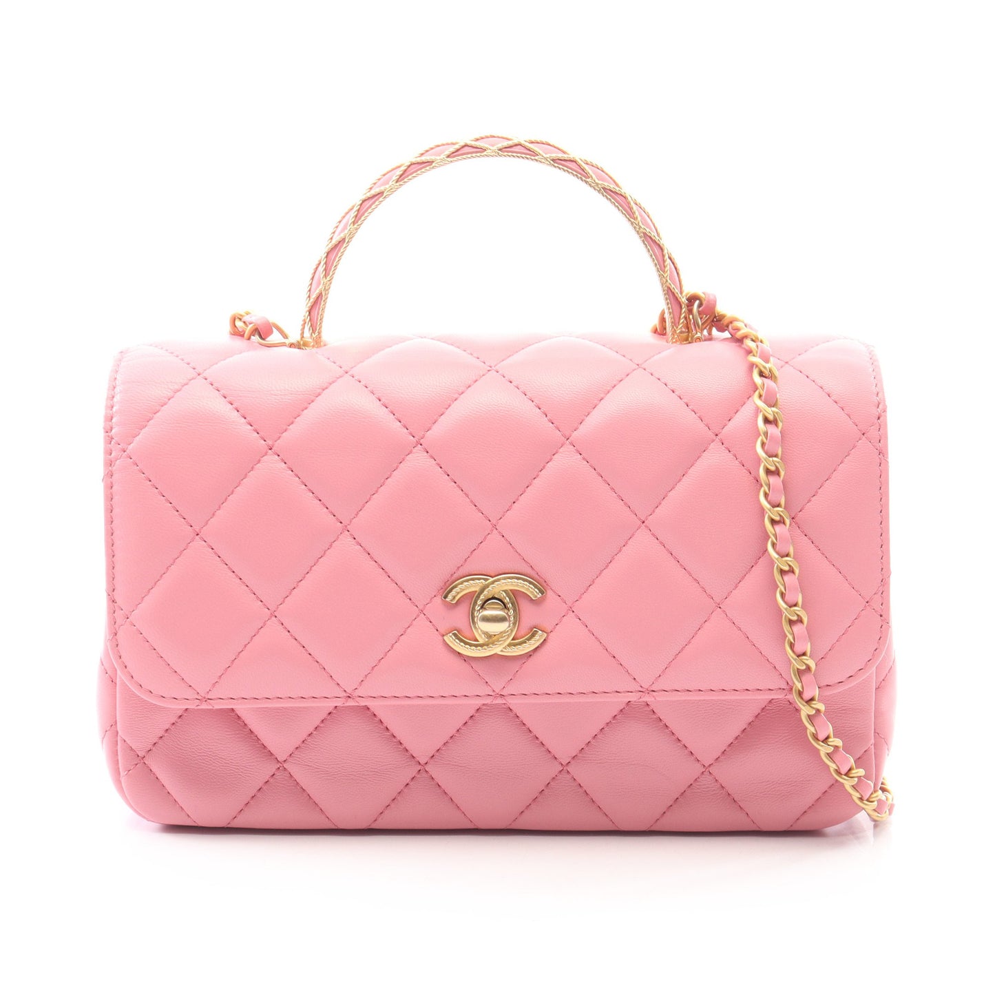 マトラッセトップハンドル フラップ 2WAY チェーンショルダーバッグ ラムスキン ピンク ゴールド金具 シャネル バッグ CHANEL
