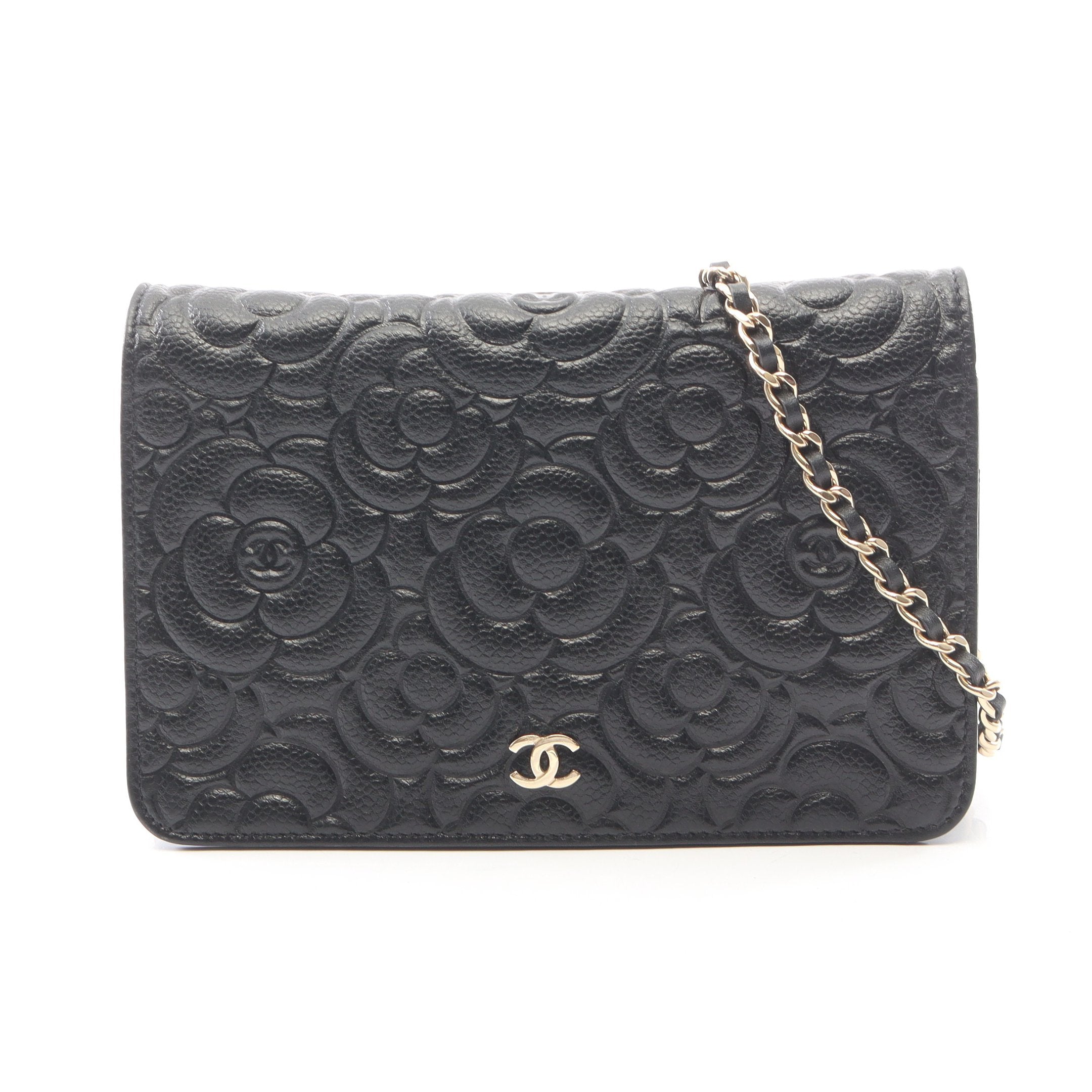 【美品】CHANEL カメリア ラムスキン チェーンウォレット ショルダー 黒 シャネル 23S チェーンウォレット カメリア ブラック (CHANEL