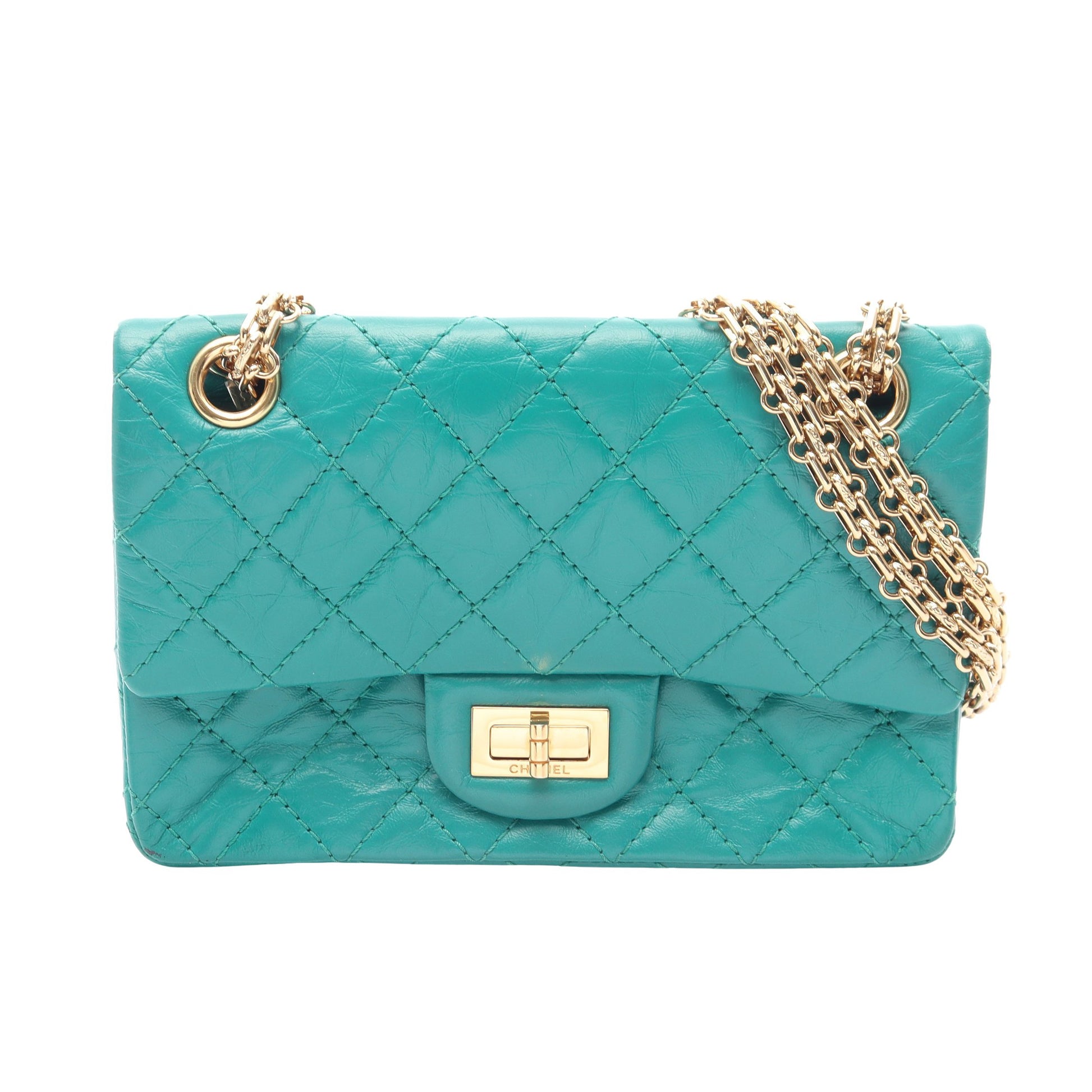 2.55 Wチェーンショルダーバッグ エイジドカーフスキン グリーン ゴールド金具 シャネル バッグ CHANEL