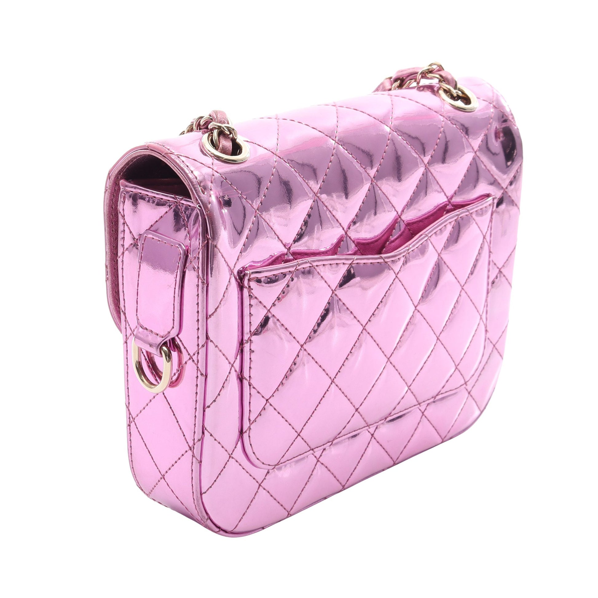 マトラッセ ミニフラップ メタリック チェーンショルダーバッグ レザー ピンク ゴールド金具 シャネル バッグ CHANEL