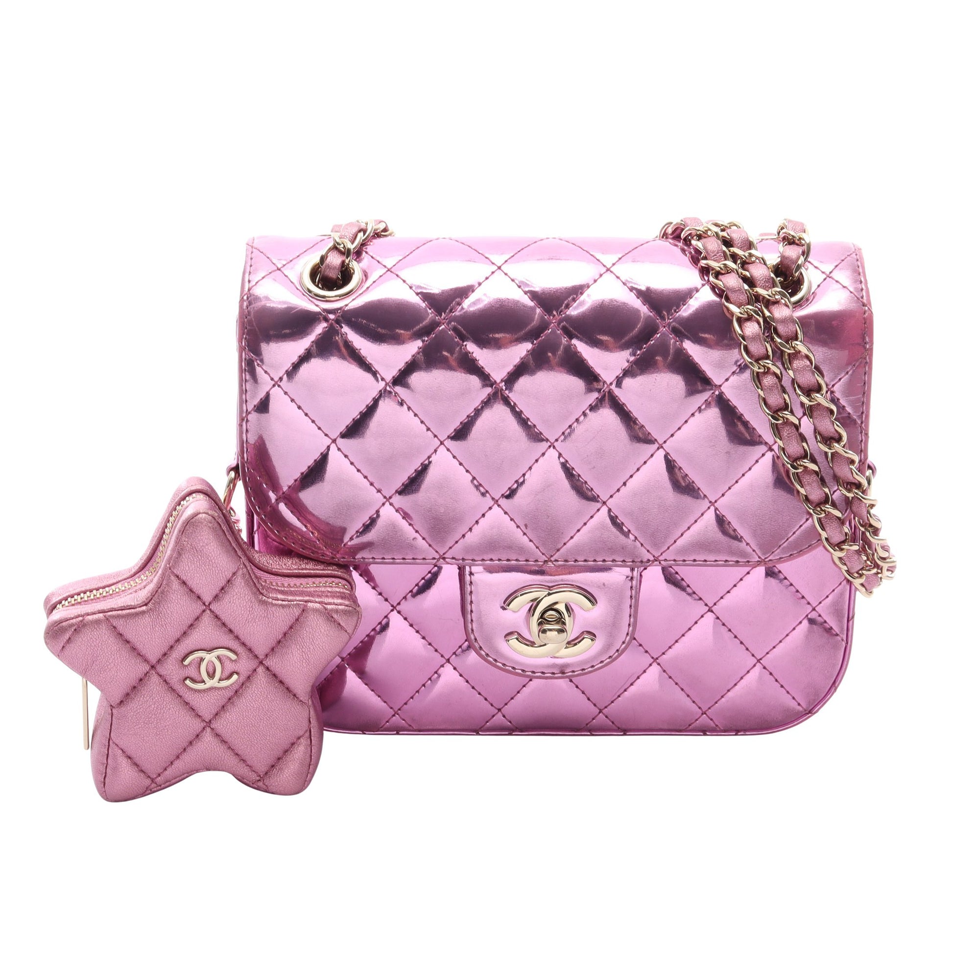 マトラッセ ミニフラップ メタリック チェーンショルダーバッグ レザー ピンク ゴールド金具 シャネル バッグ CHANEL