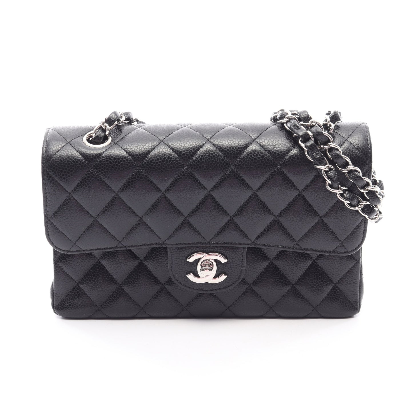 マトラッセ Wフラップ Wチェーンショルダーバッグ キャビアスキン ブラック シルバー金具 シャネル バッグ CHANEL