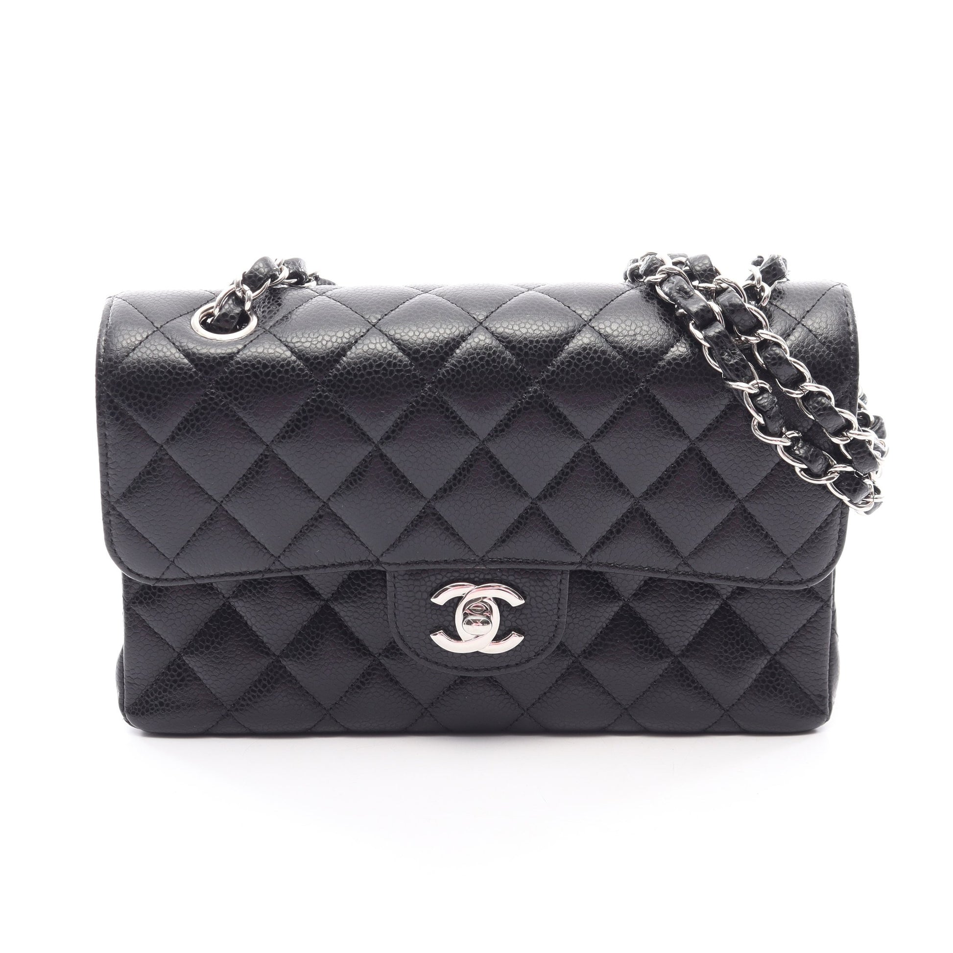 マトラッセ Wフラップ Wチェーンショルダーバッグ キャビアスキン ブラック シルバー金具 シャネル バッグ CHANEL