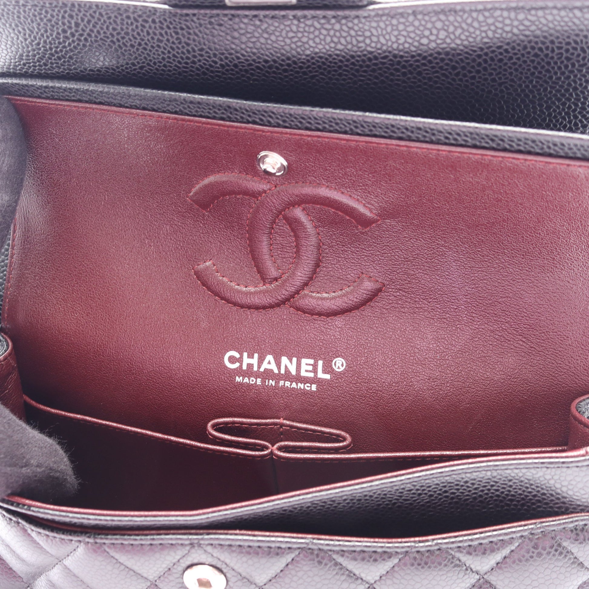 マトラッセ Wフラップ Wチェーンショルダーバッグ キャビアスキン ブラック シルバー金具 シャネル バッグ CHANEL