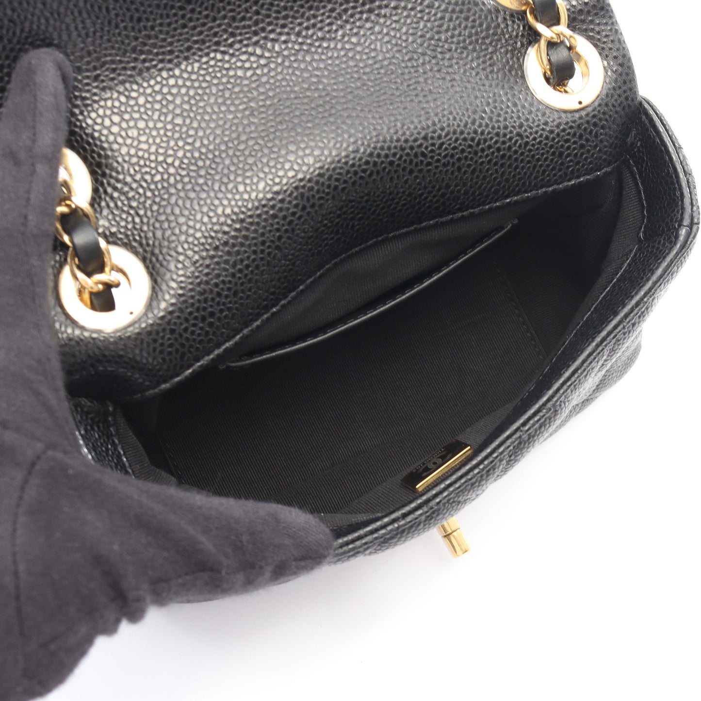 ミニマトラッセ CCスネーク Wチェーンショルダーバッグ キャビアスキン ブラック ゴールド金具 シャネル バッグ CHANEL