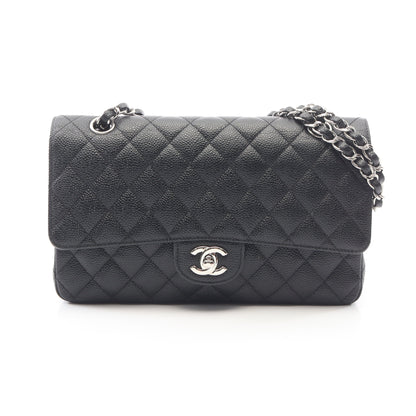 マトラッセ Wフラップ Wチェーンショルダーバッグ キャビアスキン ブラック シルバー金具 シャネル バッグ CHANEL