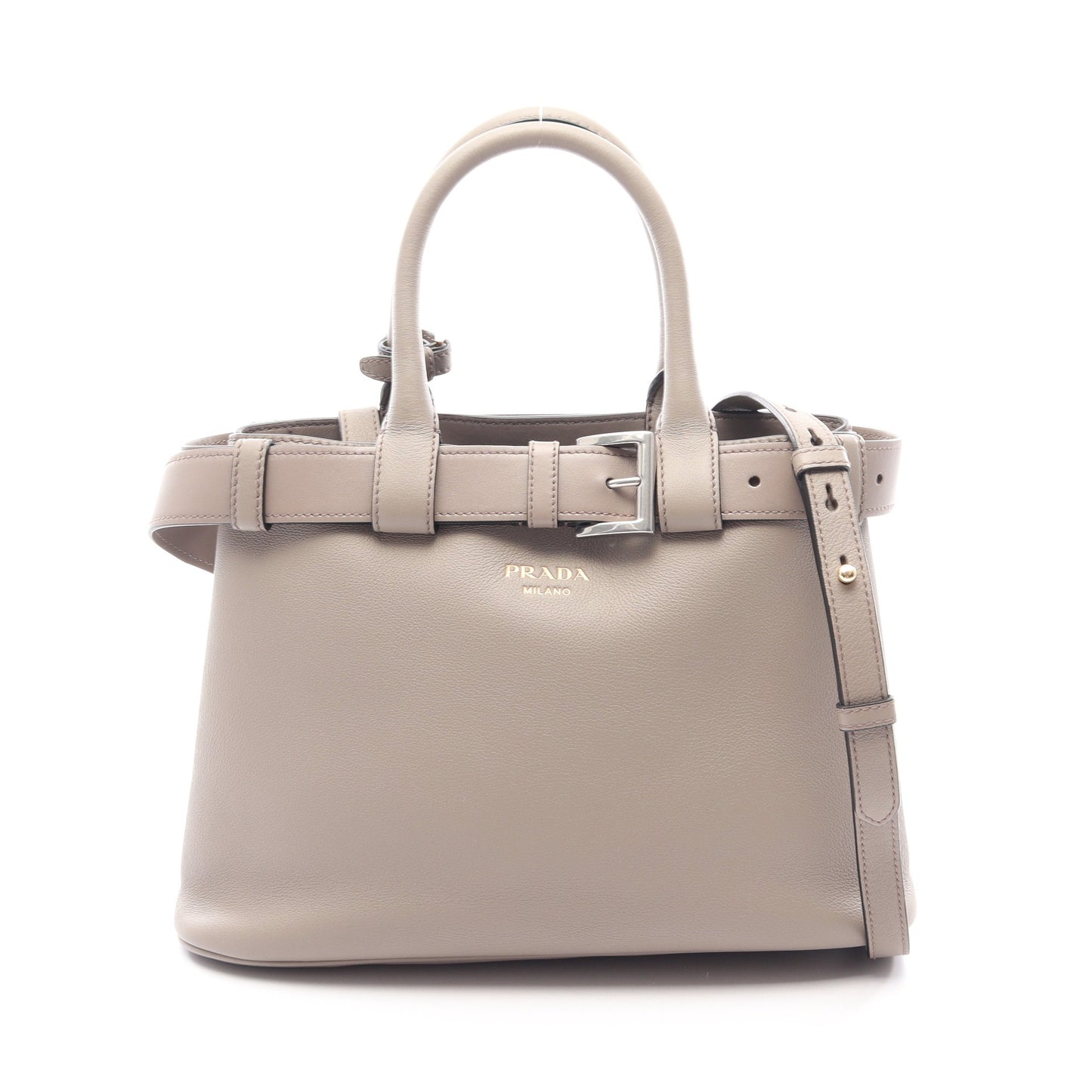 バックル ミディアム 2WAY ハンドバッグ トートバッグ レザー グレーベージュ プラダ バッグ PRADA